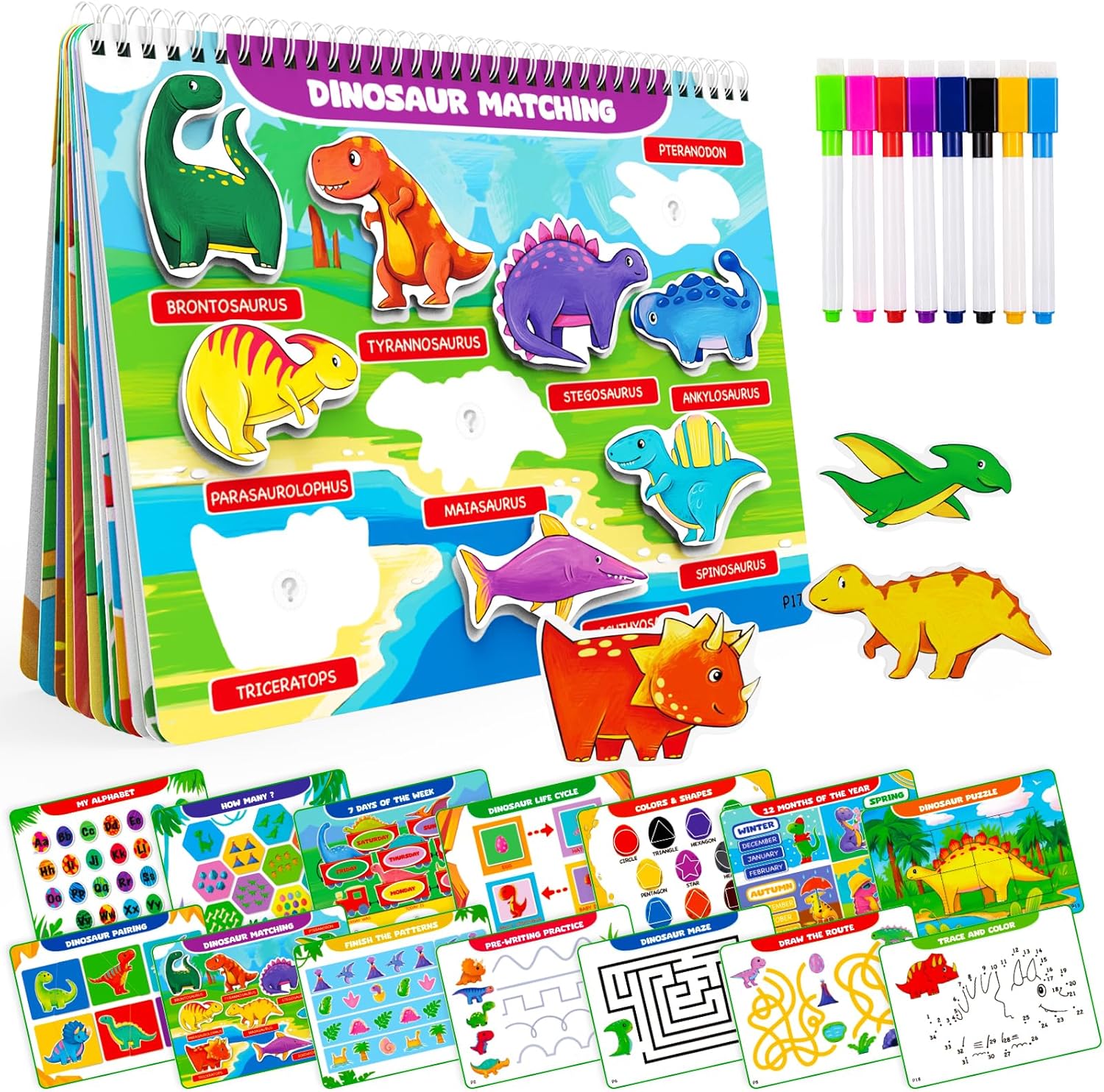Libro de actividades Montessori de dinosaurio, juguetes sensoriales para niños con autismo, actividades de aprendizaje preescolar impermeables para