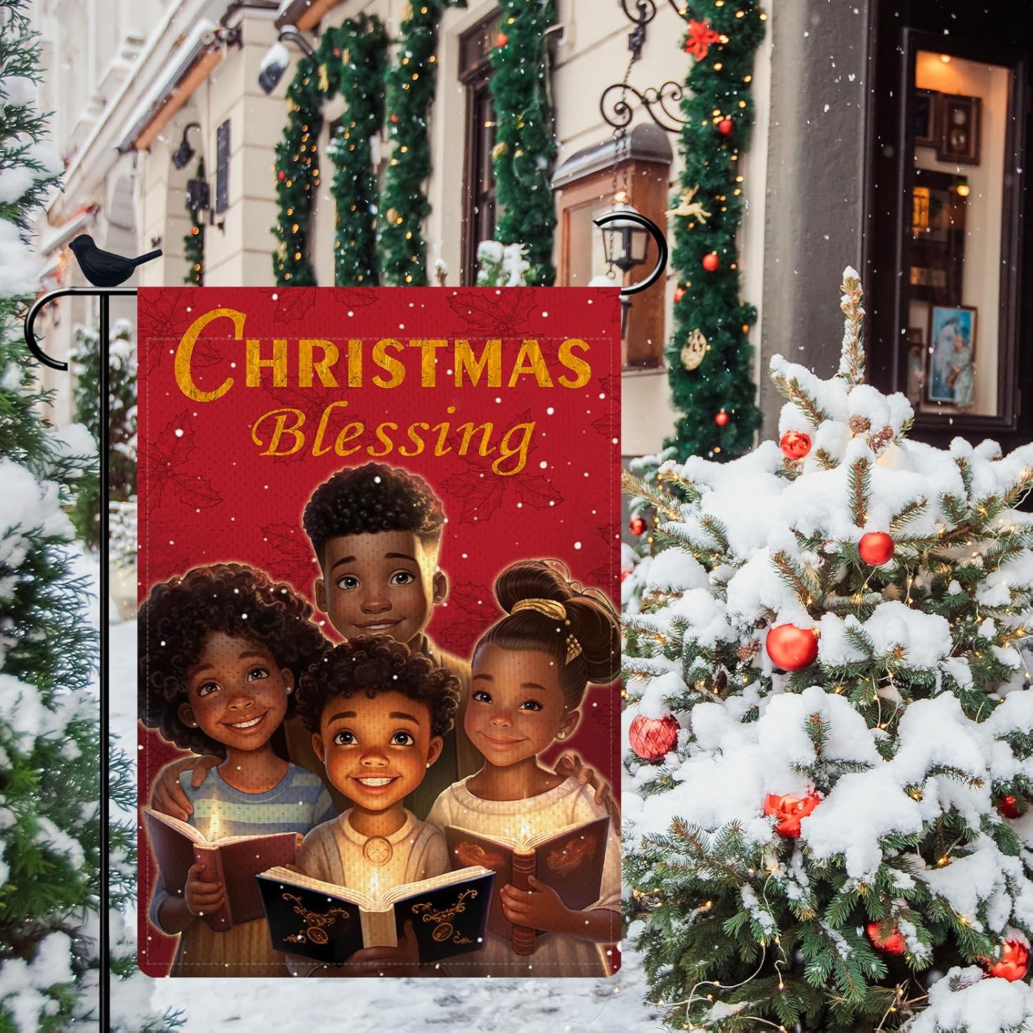 Decoraciones de bendición de niña negra, bandera de jardín de arpillera de feliz Navidad, 12 x 18 pulgadas, doble cara, villancicos de Navidad