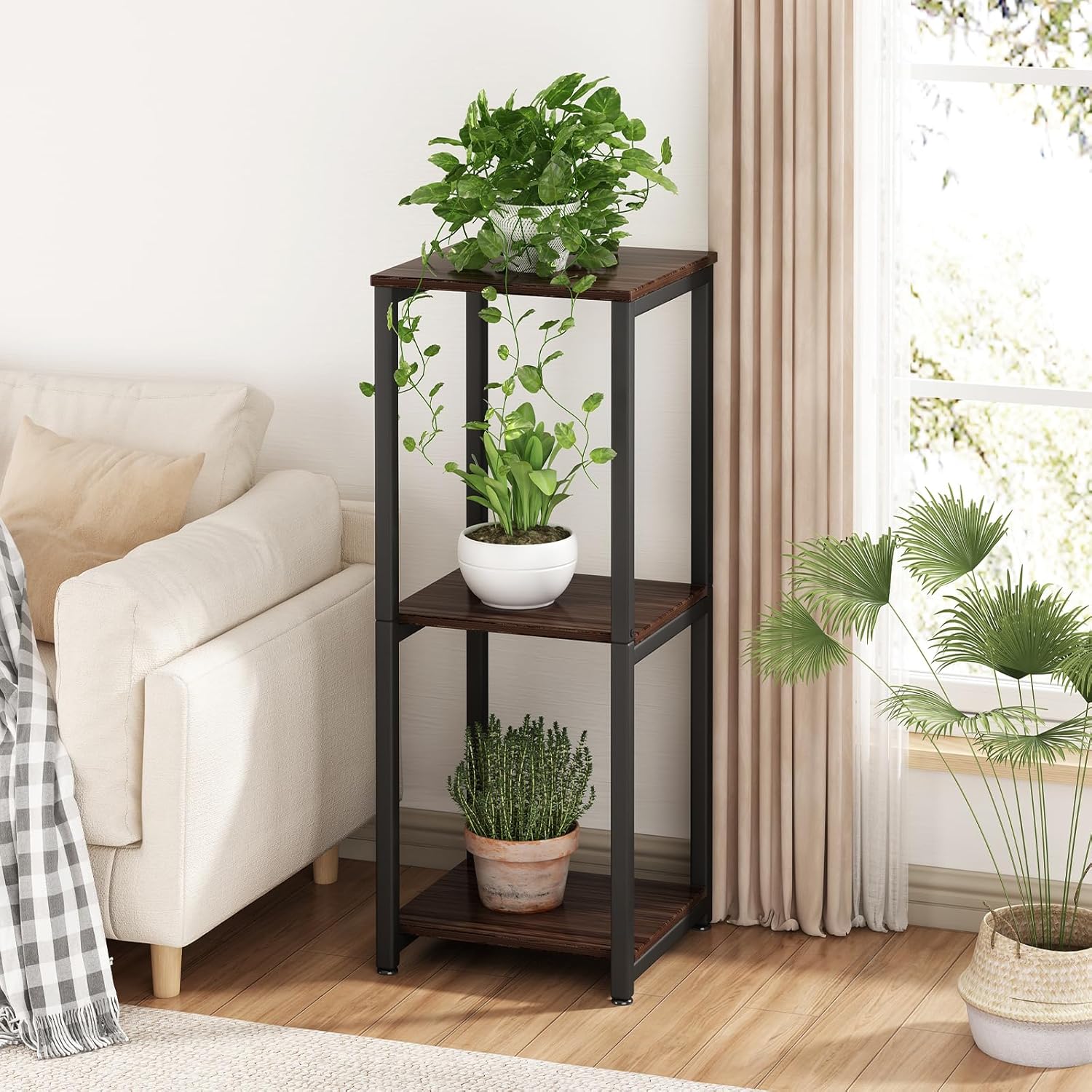 Soporte para plantas de interior de 3 niveles de alto, de metal, para almacenamiento de plantas, múltiples para sala de estar, balcón, jardín, roble