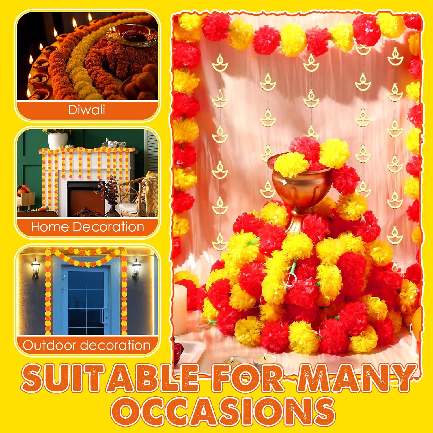 Yunsailing Diwali – Juego de 10 decoraciones para el Día de los Muertos, guirnalda de flores artificiales de caléndula de 5 pies y guirnalda de