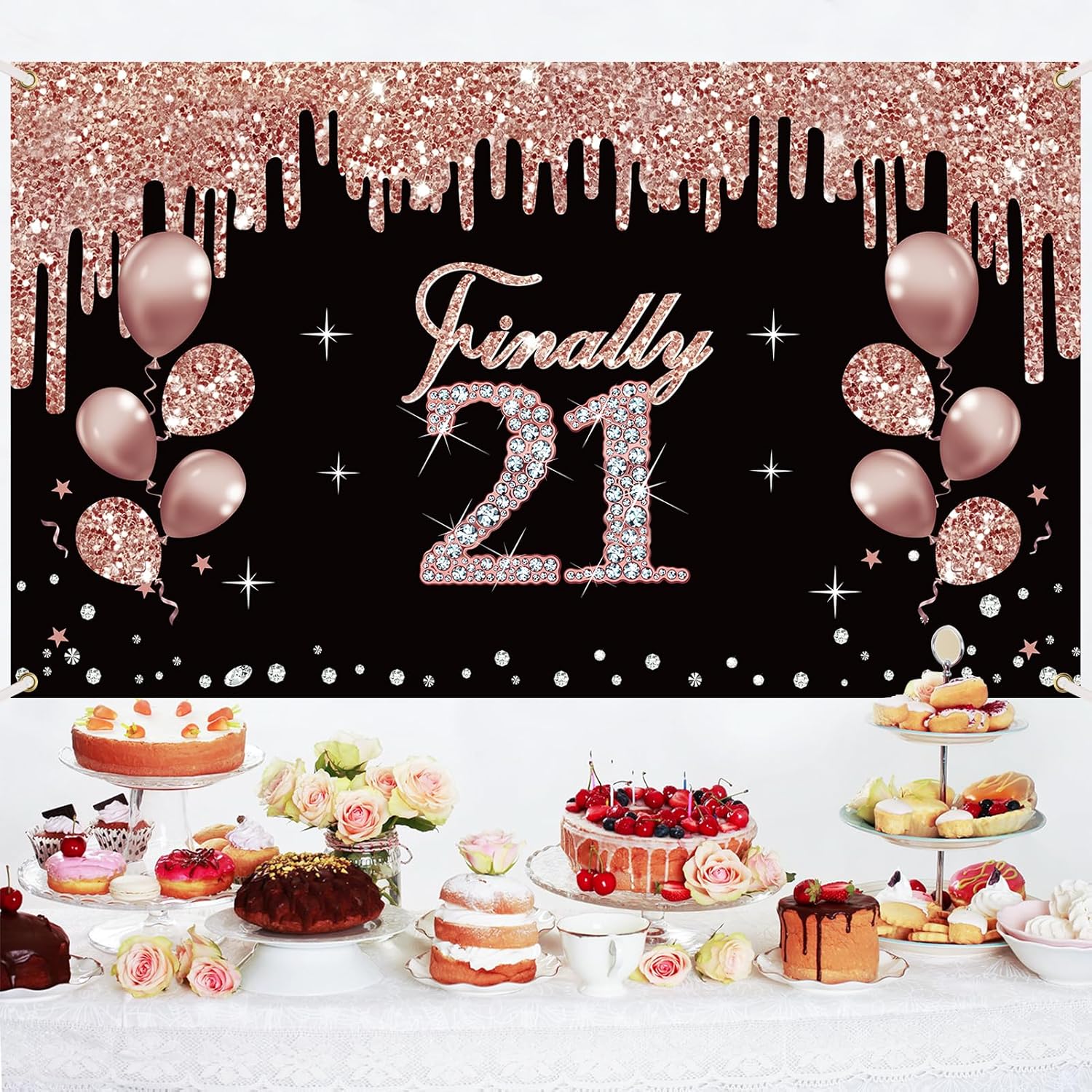 Decoraciones de cumpleaños número 21 para mujer, cartel de cumpleaños de 21 años de oro rosa, suministros de fiesta, fondo de cumpleaños de veintiún