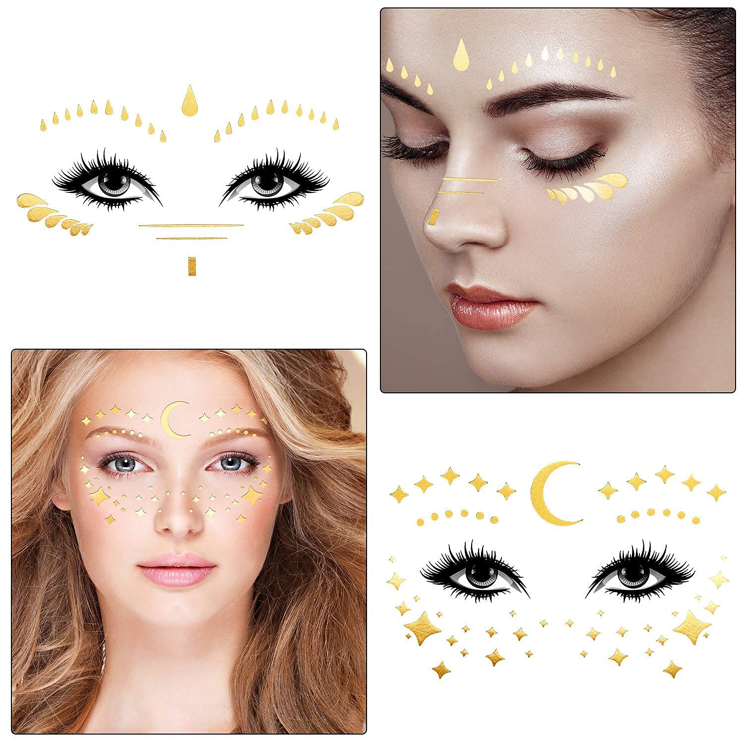 10 hojas de calcomanías para tatuajes faciales, tatuajes dorados con purpurina, pecas metálicas de transferencia temporal para mujeres y niñas,