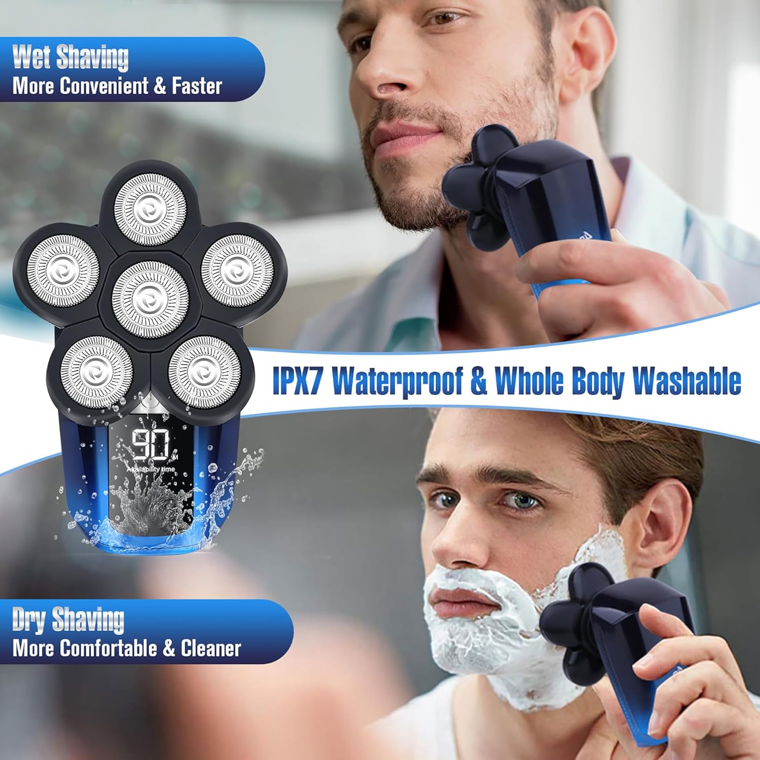 Afeitadora de cabeza para hombres calvos, afeitadora eléctrica 6 en 1 para cabeza calva inalámbrica, impermeable, húmeda, seca, 6 cabezales,