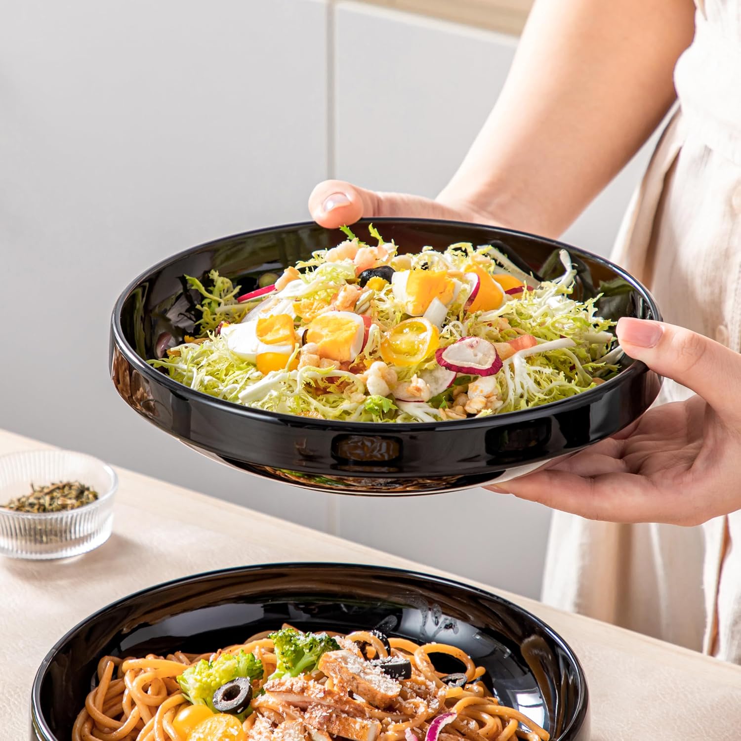 LOVECASA Tazones para pasta, 34 onzas, juego de 4 cuencos de ensalada, platos de cerámica de 8.1 pulgadas para cocina, cena, sopa, microondas,