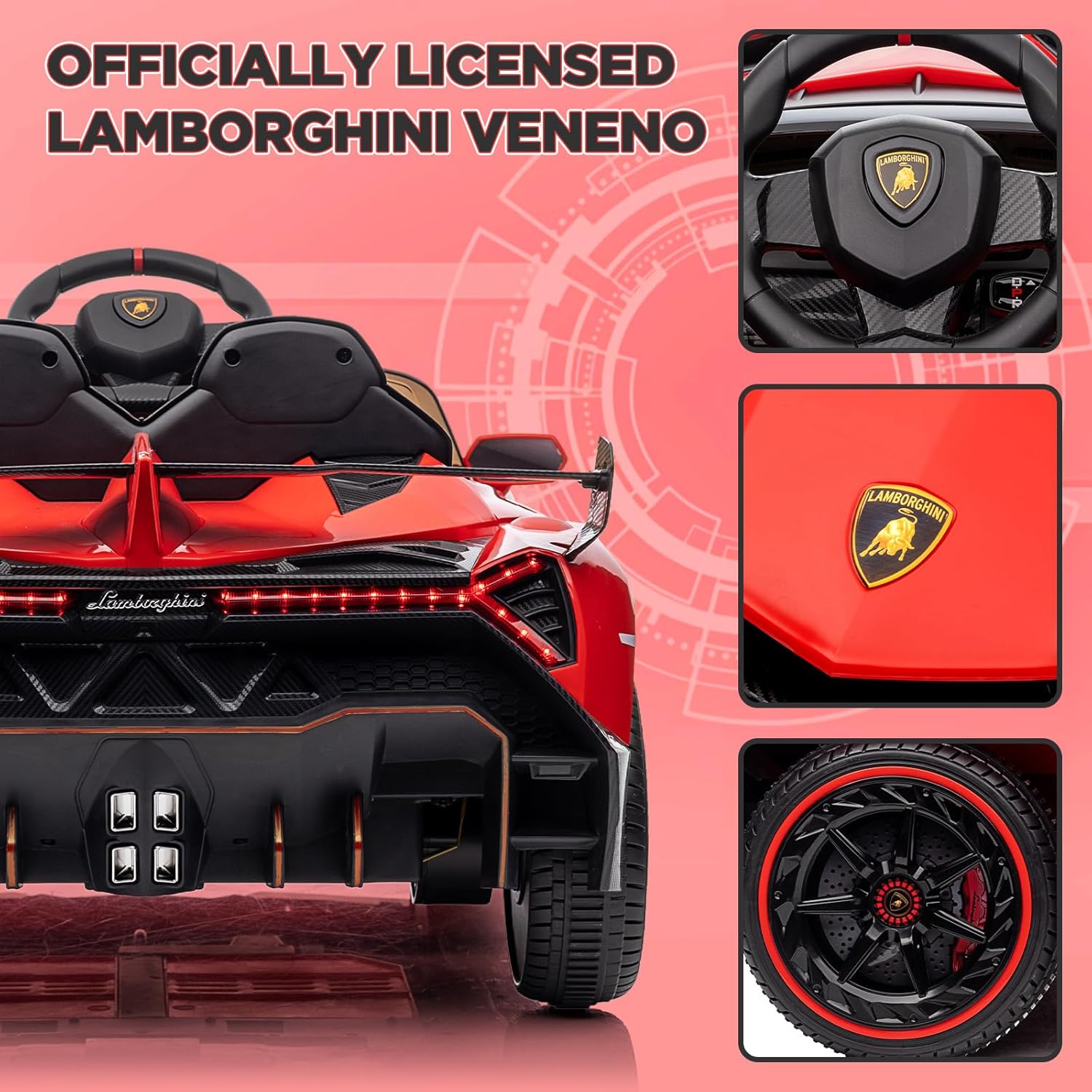 Lamborghini Veneno – Automóvil eléctrico de 12 V con licencia para niños con control remoto, 3 velocidades, puertas hidráulicas, faros LED, mecedora