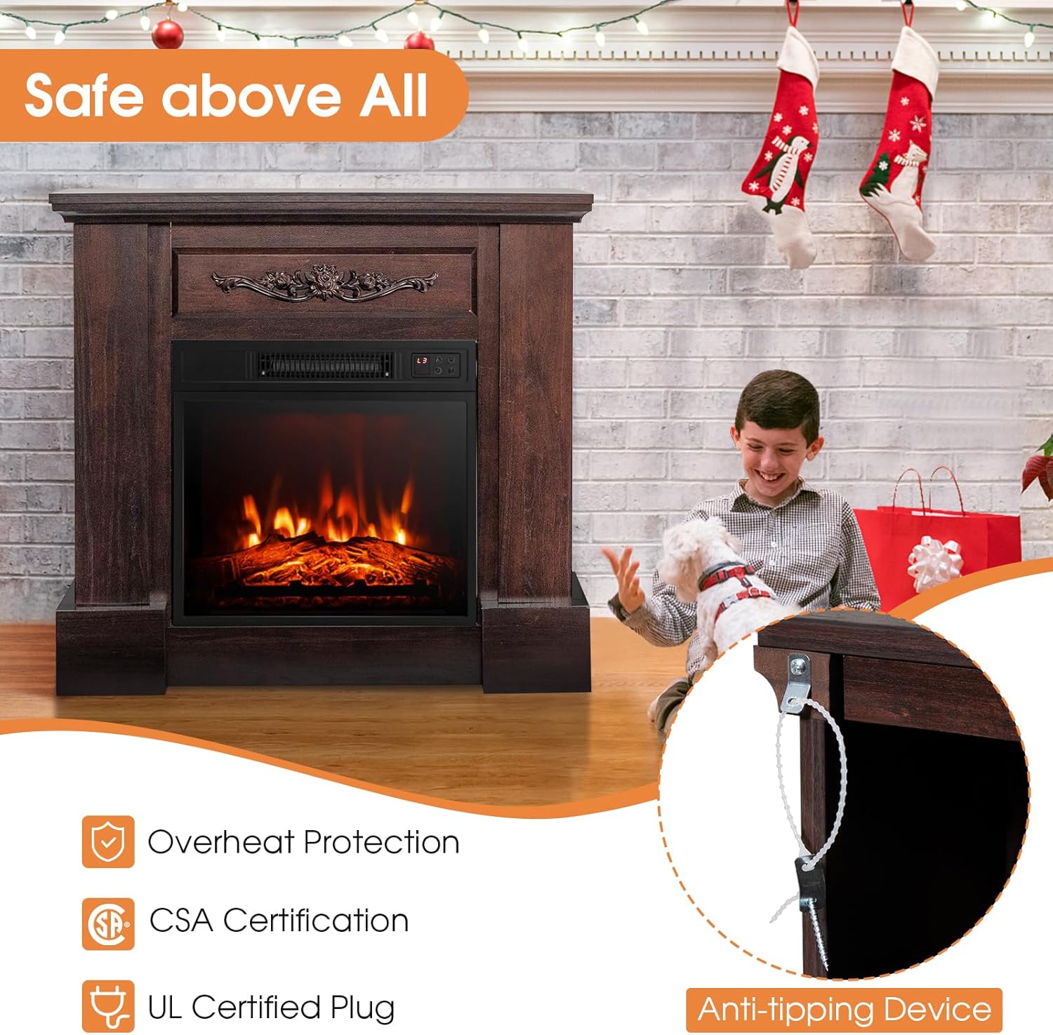 ORALNER Chimenea eléctrica de 32 pulgadas con repisa, paquete de chimenea envolvente de madera con 3 efectos de llama, control remoto y temporizador