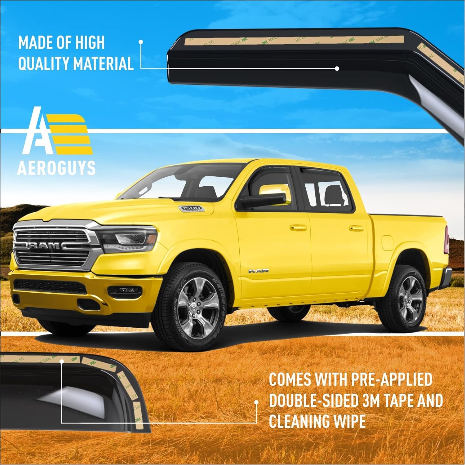 Deflectores de ventana en el canal, viseras de ventana extra duraderas, protectores de lluvia aptos para Dodge Ram 1500 2019-2023 Crew Cab, viseras
