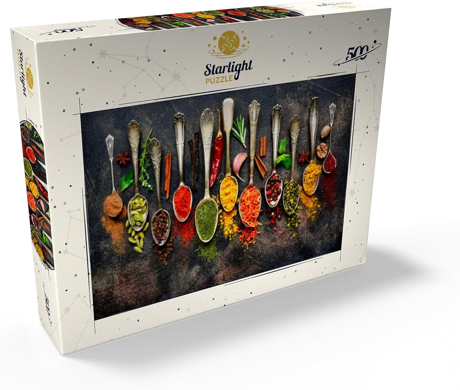 MyPuzzle – Surtido de especias naturales en cucharas vintage en pizarra oscura, rompecabezas prémium de 500 piezas para adultos