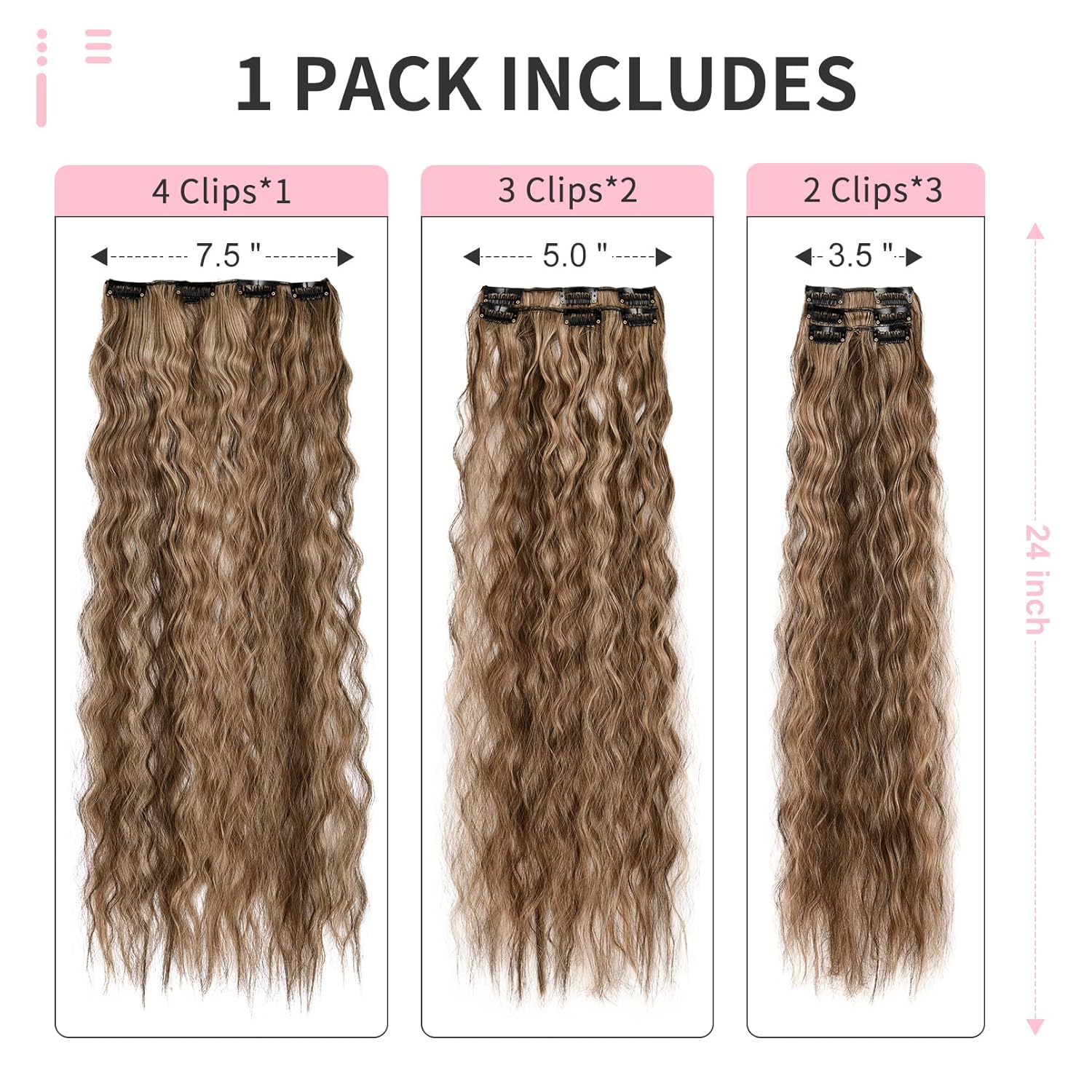 FLUFYMOOZ Extensiones de cabello con clip, 6 unidades, extensiones de cabello sintético ondulado con clip, para mujer, 24 pulgadas (marrón oscuro