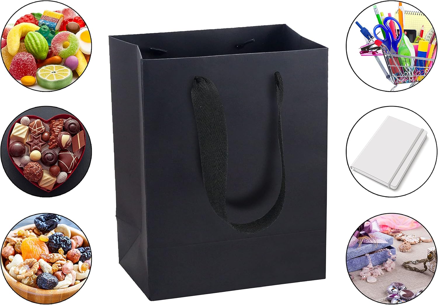 HUAPRINT Bolsas de papel negro, bolsas de regalo, bolsas de compras con asas de cinta, 30 paquetes de 7 x 4 x 9 pulgadas, bolsas de regalo para