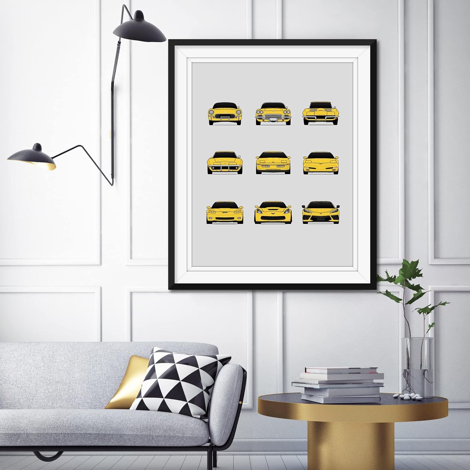 Chevy Corvette Generations Inspired Car Poster – Handmade Print of C1 C2 C3 C4 C5 C6 C7 C8 – Yellow, 11×14″ Satin Print (Unframed) – Perfect Gift