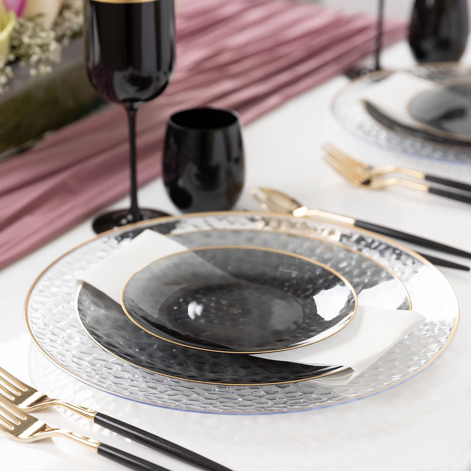 PARTY BARGAINS Organic Collection – Platos de cena de 7 pulgadas, color negro transparente martillado con borde dorado, paquete de 10, platos