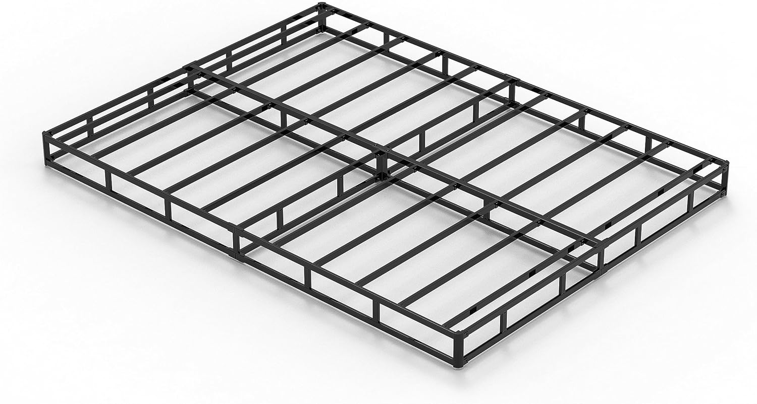 EMODA Base de cama tamaño matrimonial de 5 pulgadas, base de colchón de metal resistente de 3000 libras con funda de tela, fácil montaje, color negro