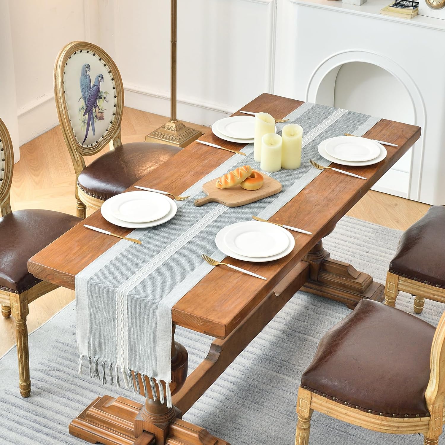 Wracra Camino de mesa bordado de lino de 108 pulgadas de largo con borlas a mano para decoración de fiestas de vacaciones, bodas y comedor (gris, 13