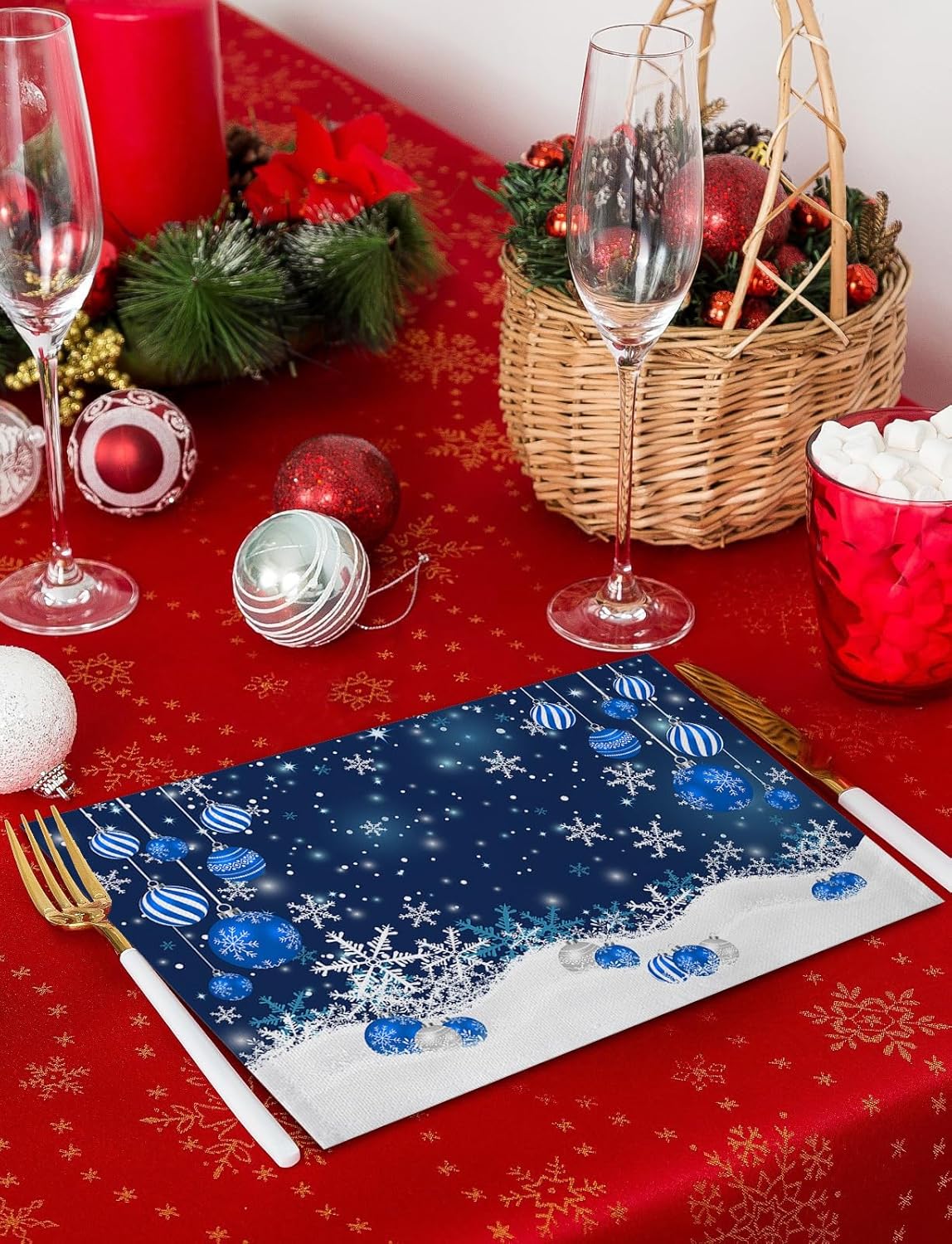 Juego de 6 manteles individuales de lino y algodón, antideslizantes, lavables, copos de nieve, azul, Navidad, invierno, para fiestas, comedor,