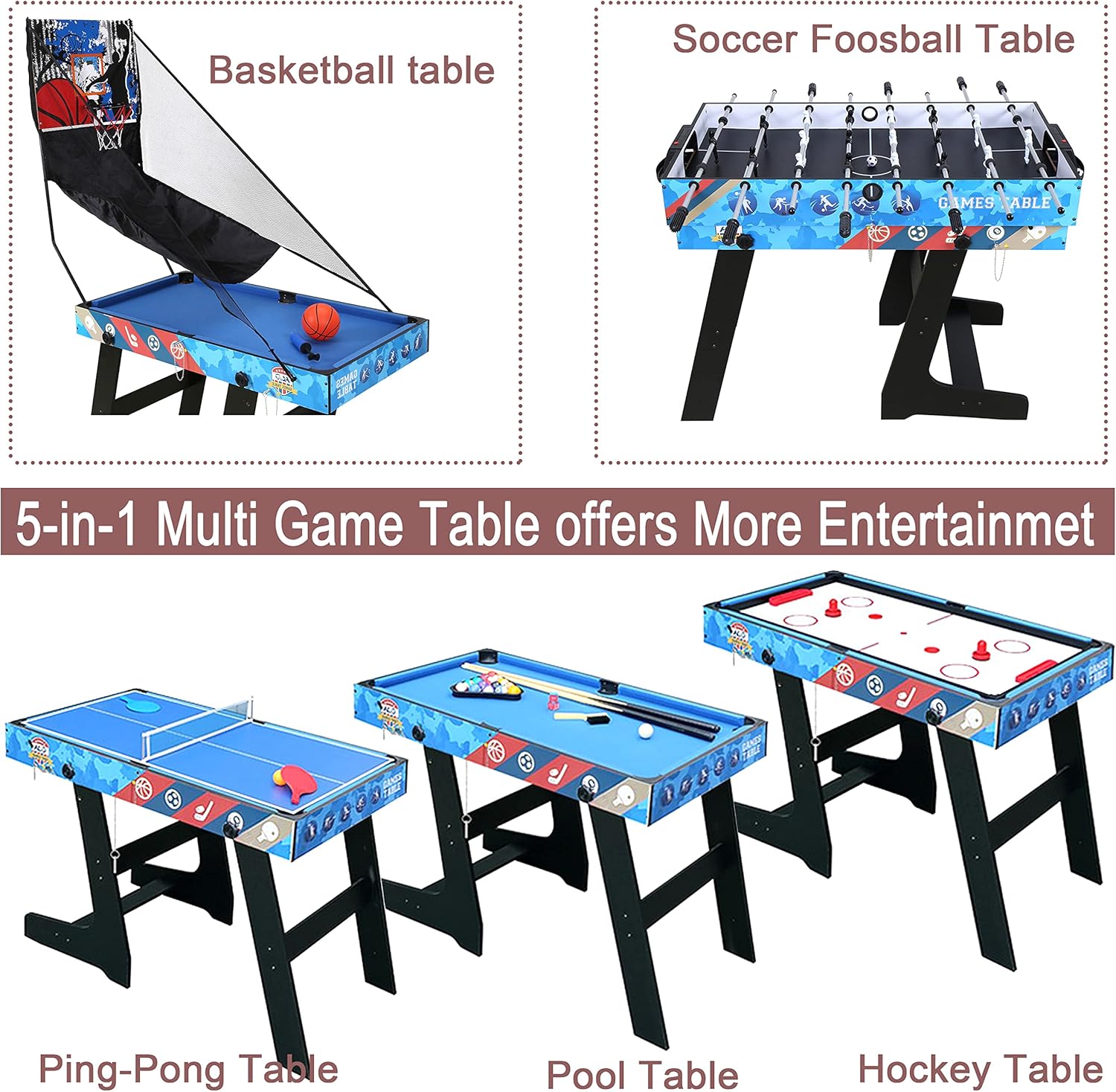 HLC Juego de mesa de juego múltiple 4 en 1 de 4 pies con piscinabillar, futbolín de fútbol, hockey deslizante y mesa de tenis de mesa para el hogar,