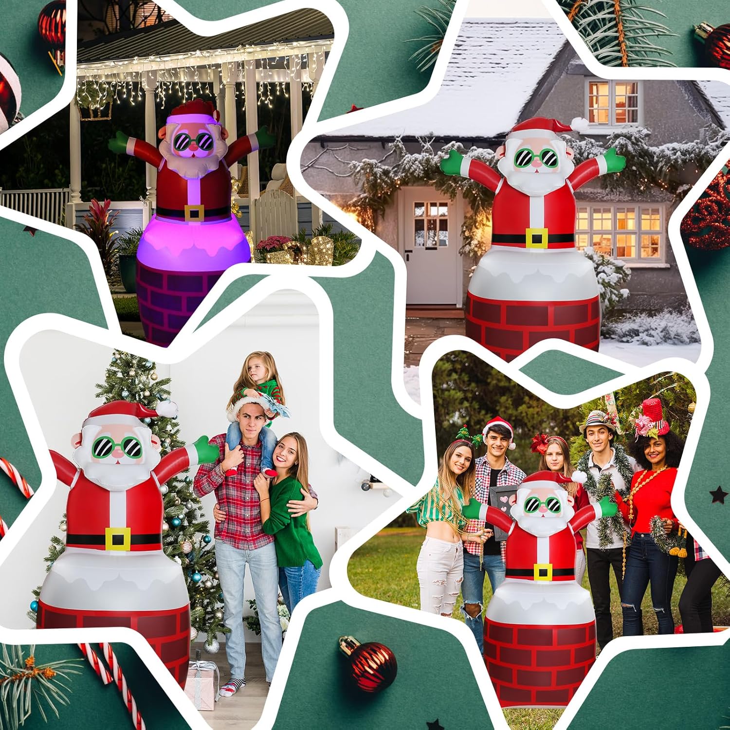 TOANEL Inflables de Navidad de PVC de 4.87 pies, decoraciones al aire libre, Papá Noel de pie en la chimenea LED, inflables inflables para