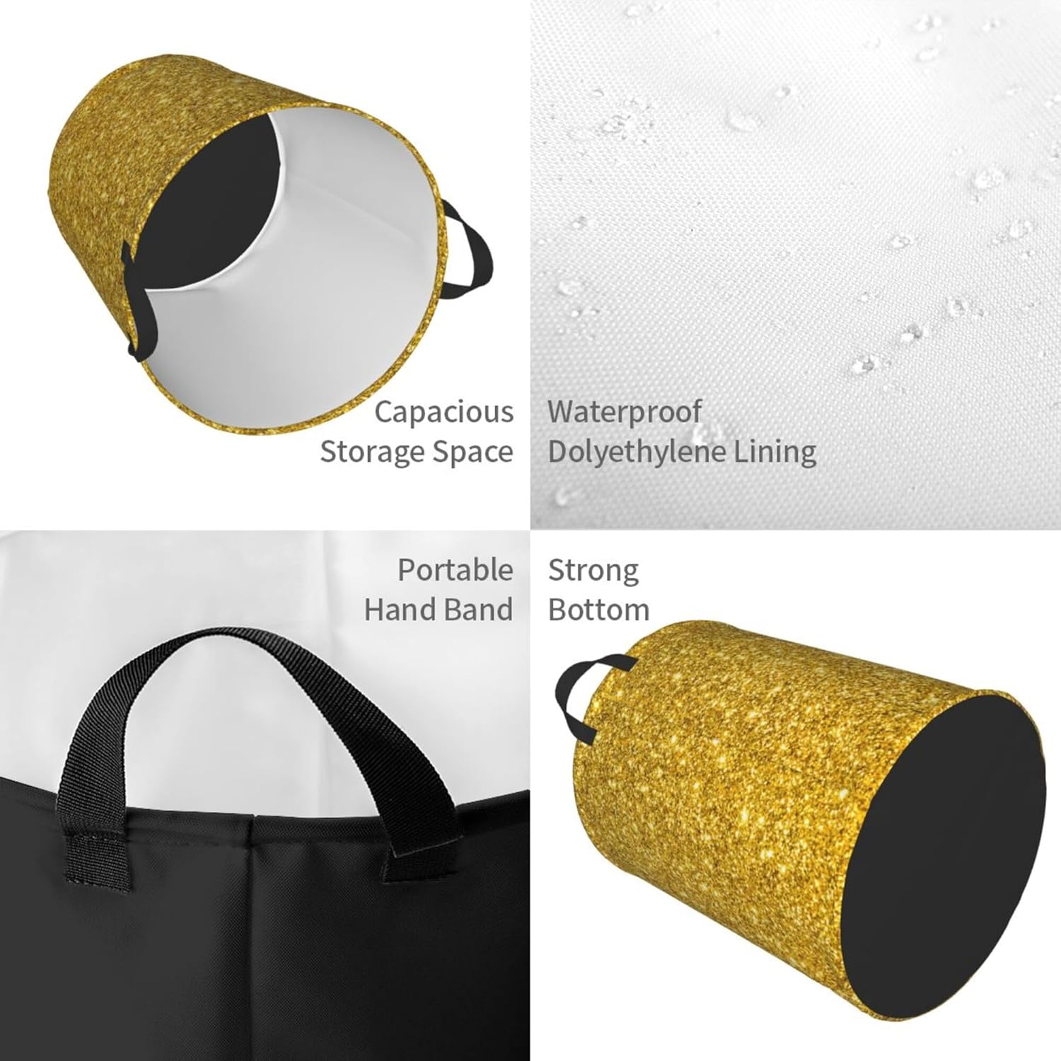 Cesta plegable de moda para ropa sucia compatible con un hermoso patrón de destellos dorados con brillantina, tela impermeable, plegable, fácil de
