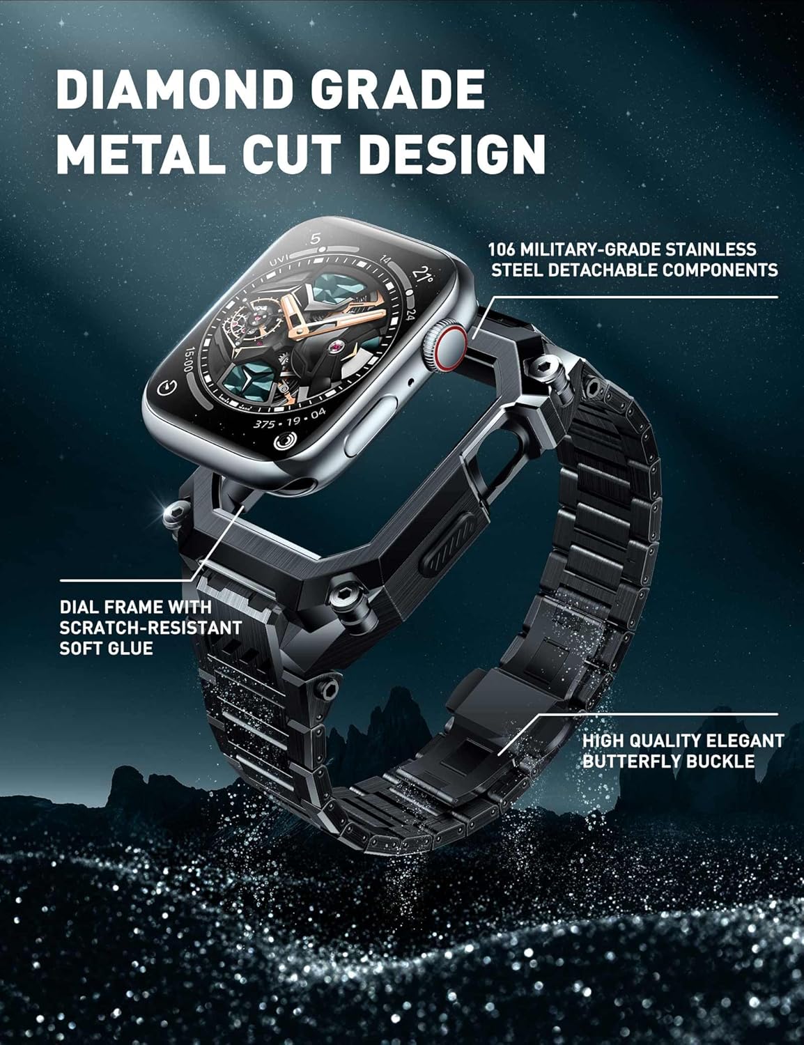 SUPCASE Unicorn Beetle – Carcasa de acero con correa para Apple Watch Series 98SE27654SE (1.771.73 pulgadas), funda protectora resistente de metal