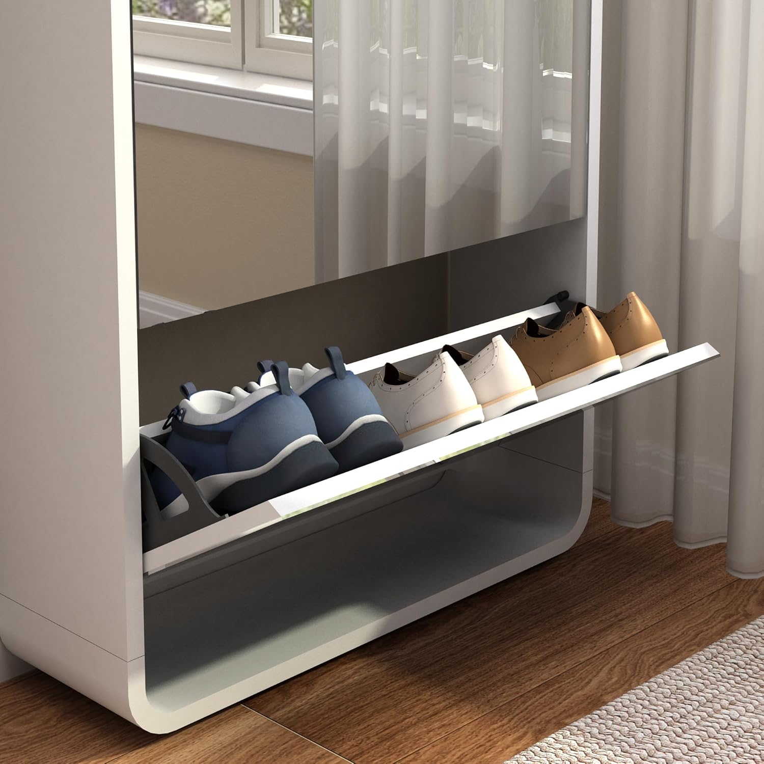 ODUWA Armario de zapatos con espejo, diseño de arco moderno con espejo de longitud completa, 5 cajones abatibles, organizador de zapatos de madera