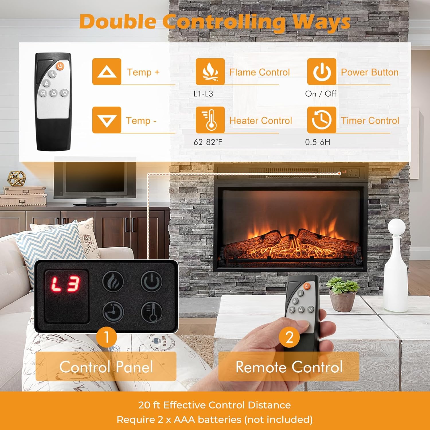 ORALNER Inserto de chimenea eléctrica de 23 pulgadas, calentador de chimenea empotrado con 3 efectos de llama LED, control remoto y temporizador de