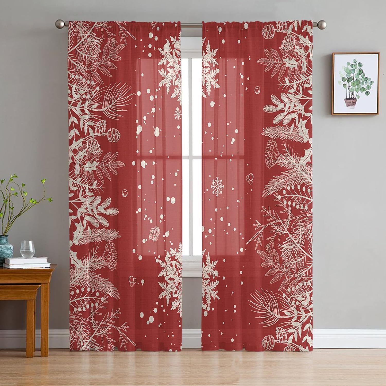 Snowflake Sheer Curtains 84 Inch Length 2 Panels Set for Living RoomBedroom, Winter Christmas Pine Tree Leaves Watercolor Semi Curtain Sheers Drapes