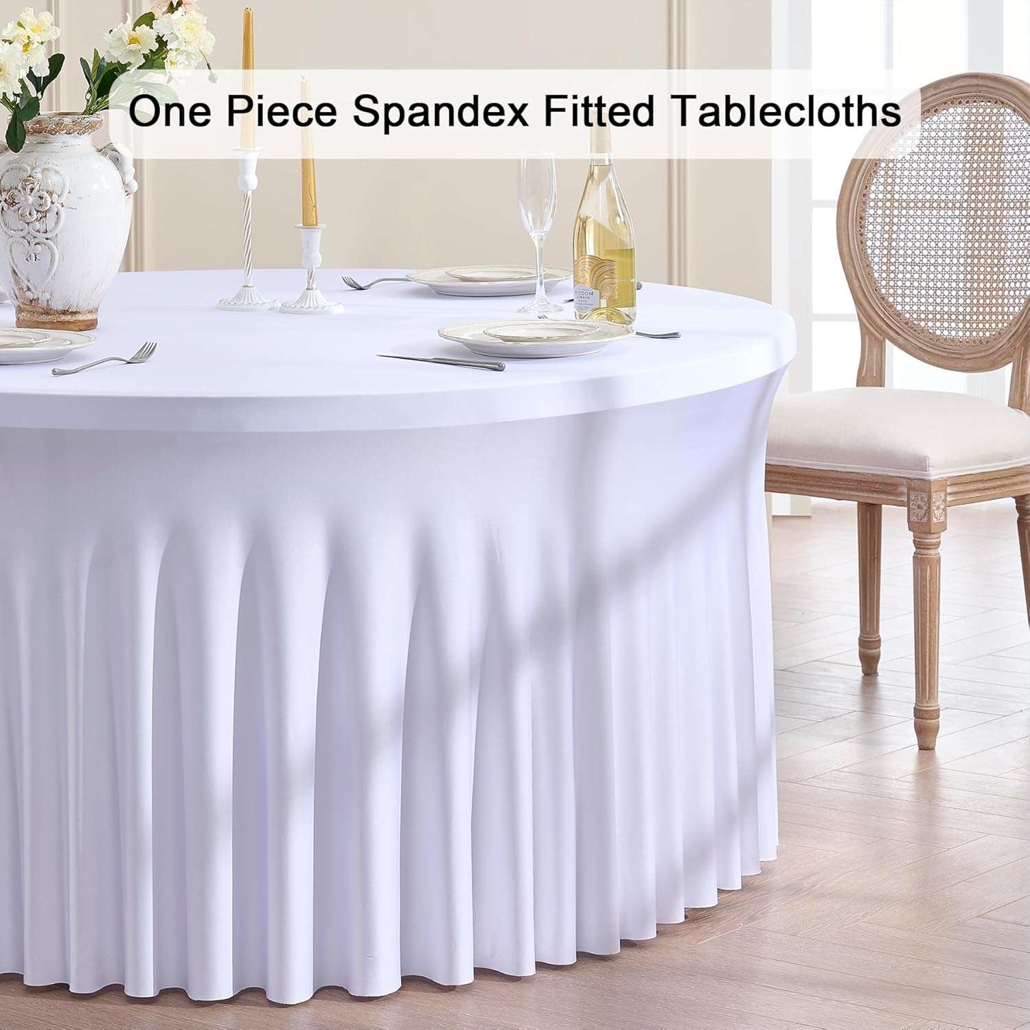Paquete de 8 manteles de elastano blanco para mesa redonda de 72 pulgadas, manteles ajustables de 132 pulgadas para fiesta de boda, mantel de