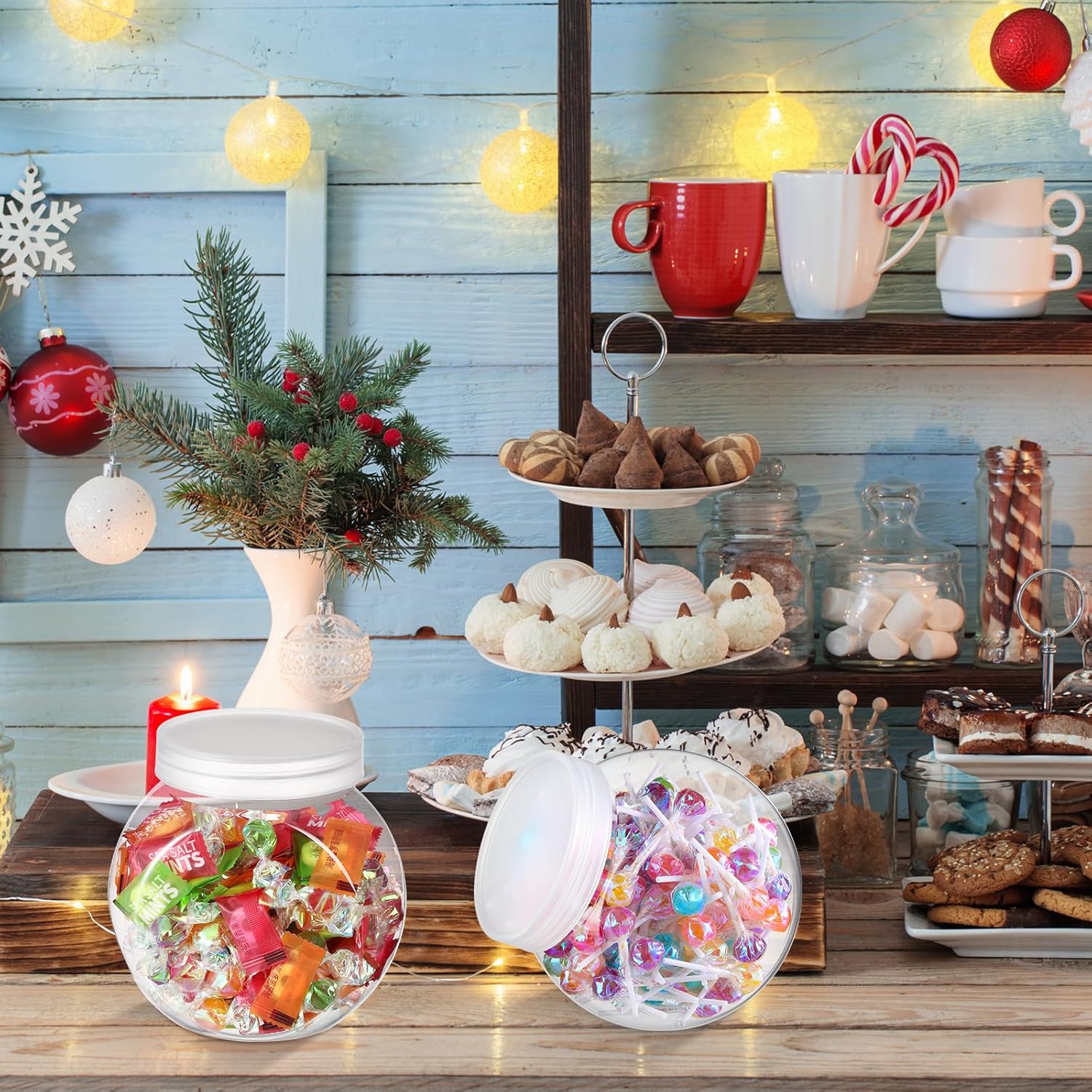 Umigy 2 juegos de tarros de plástico para dulces con tapa para bufé de dulces con mini cuchara de cocina de plástico acrílico de 42 onzas,
