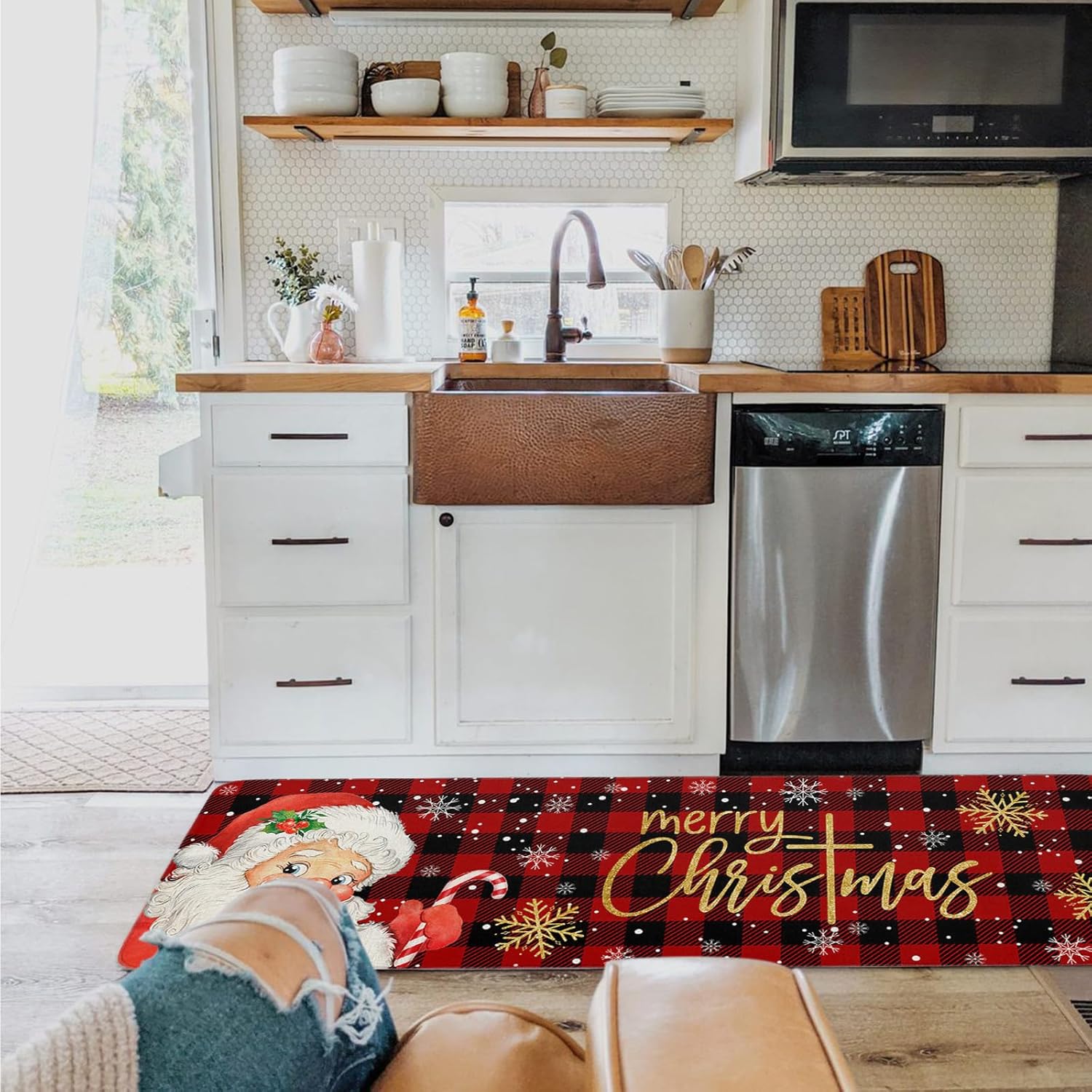 Alfombrillas de cocina de Papá Noel para piso, 2 piezas, diseño de búfalo rojo y negro, antideslizantes, juego de alfombras de cocina lavables,