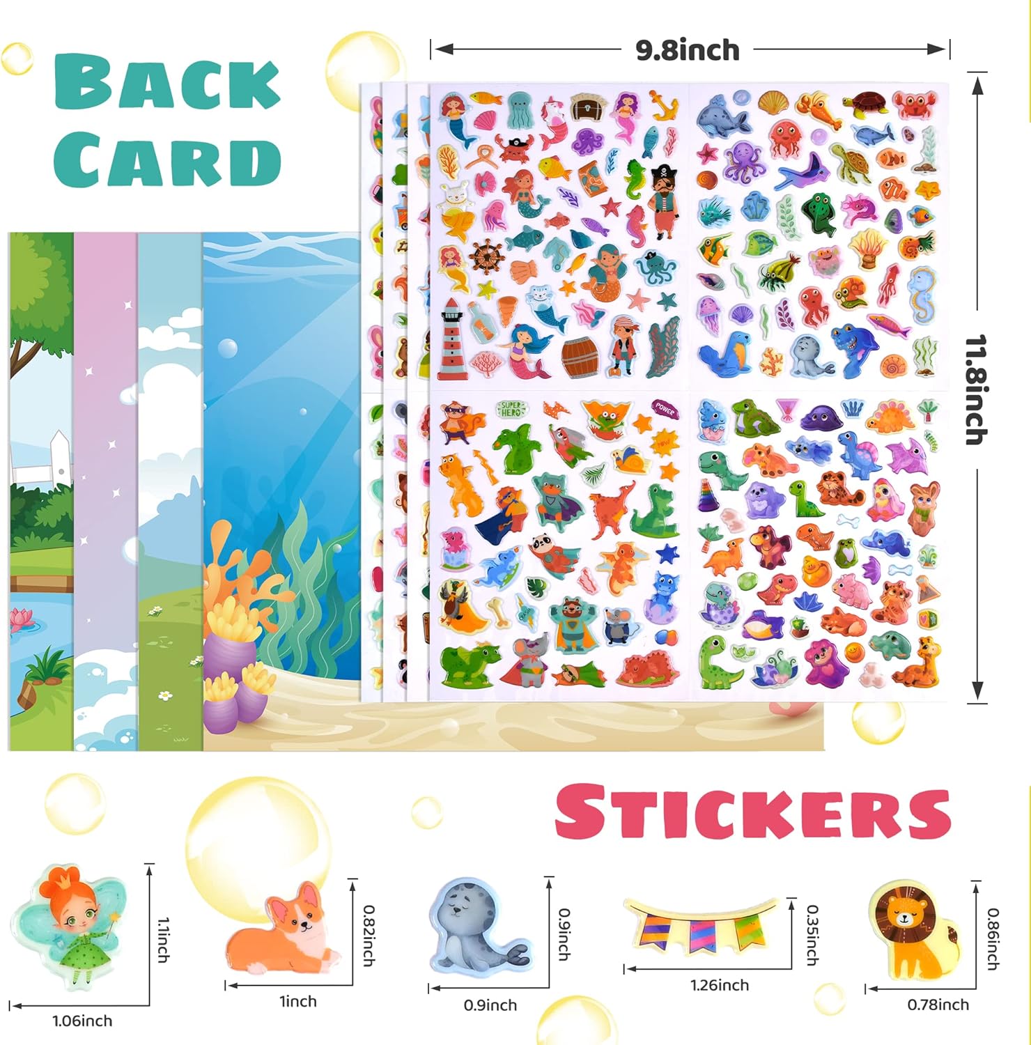 Calcomanías 3D hinchadas para niños, más de 800 calcomanías para niños pequeños, incluyendo 4 tarjetas de escena de fantasía de hada, princesa,