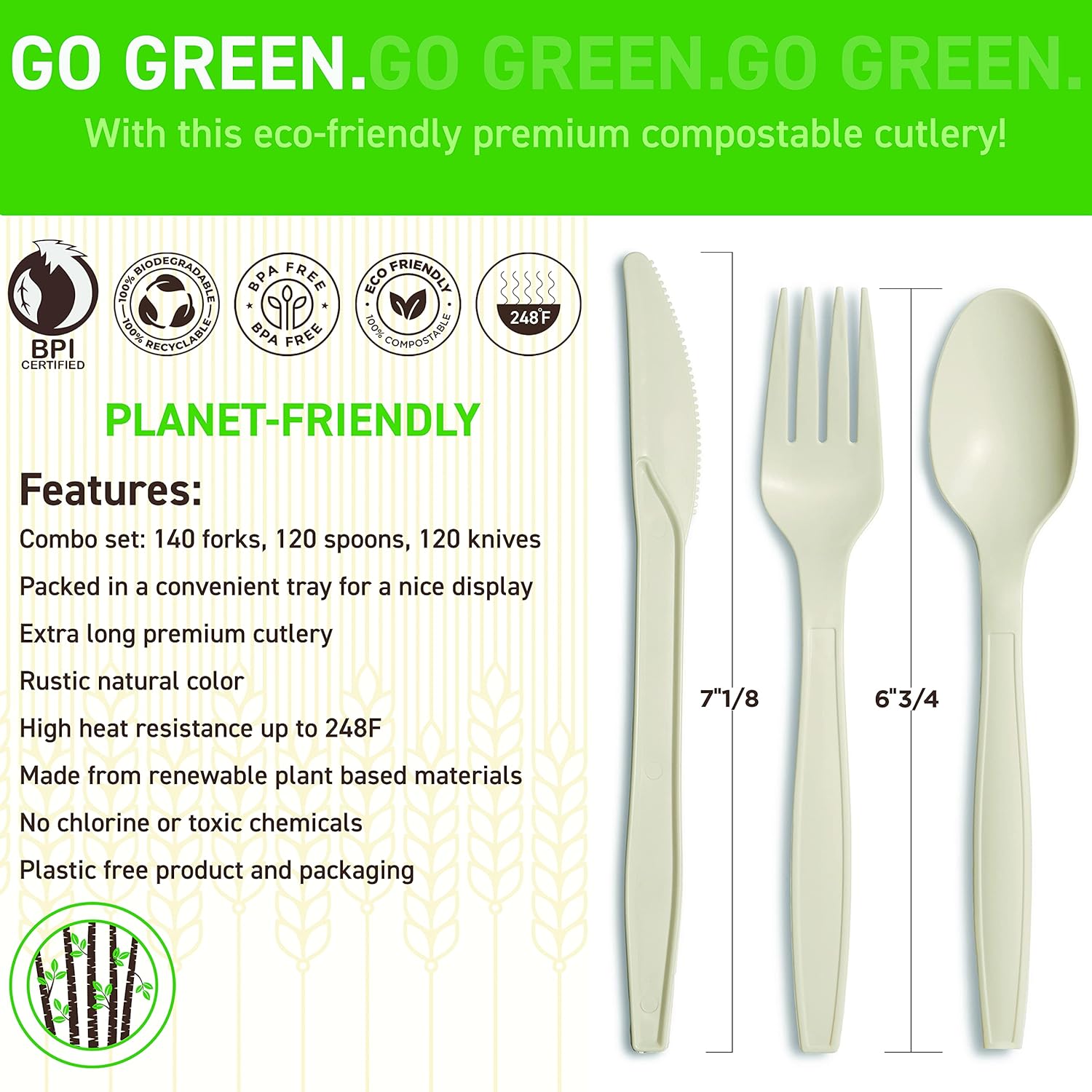 GREENPRINT Juego de cubiertos compostables (paquete de 150) 50 tenedores, 50 cucharas, 50 cuchillos, cubiertos desechables biodegradables,
