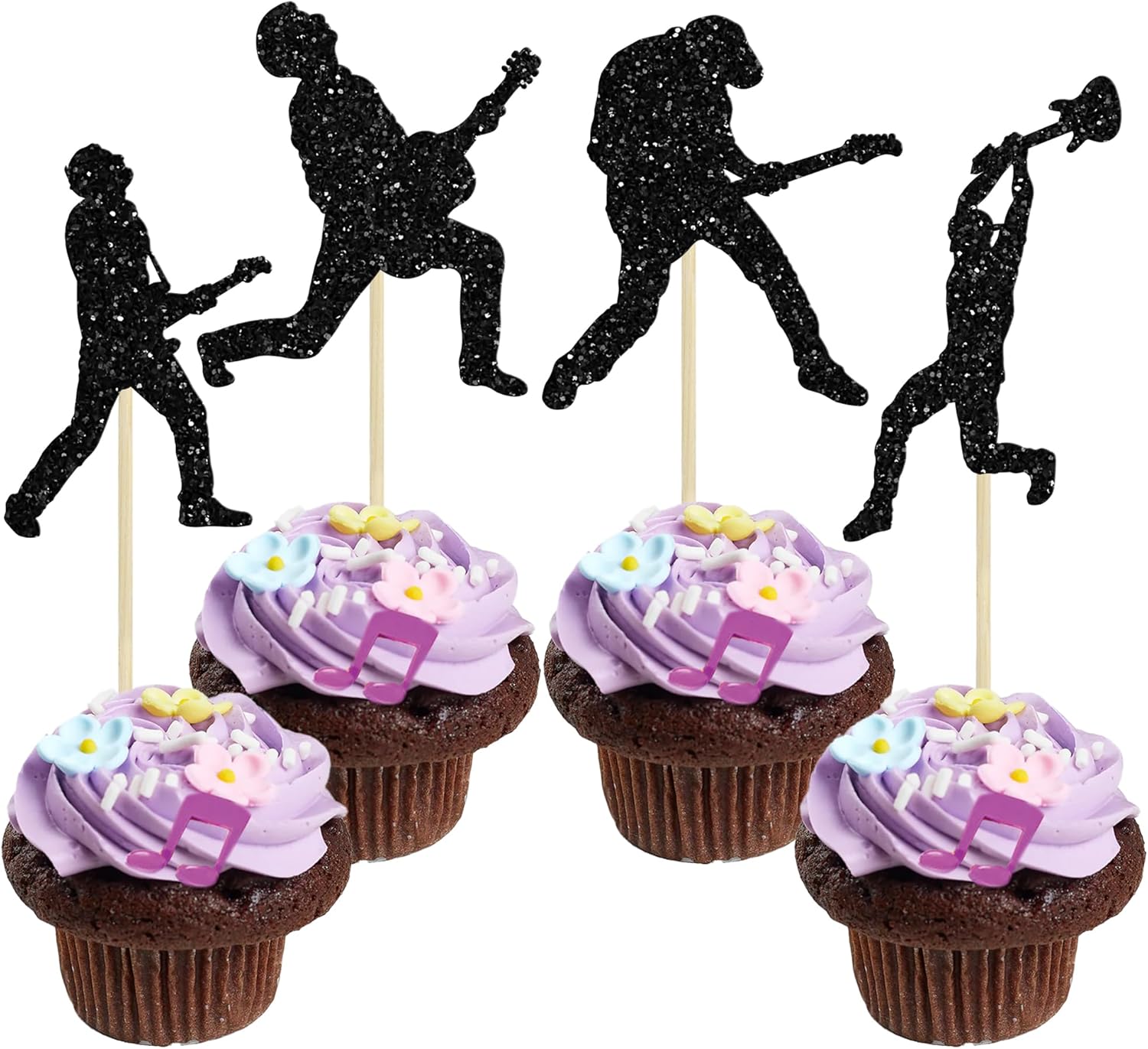 Gyufise 24 piezas de decoración para cupcakes de banda de rock, purpurina negra, temática de música pop, decoración de pastel de música para