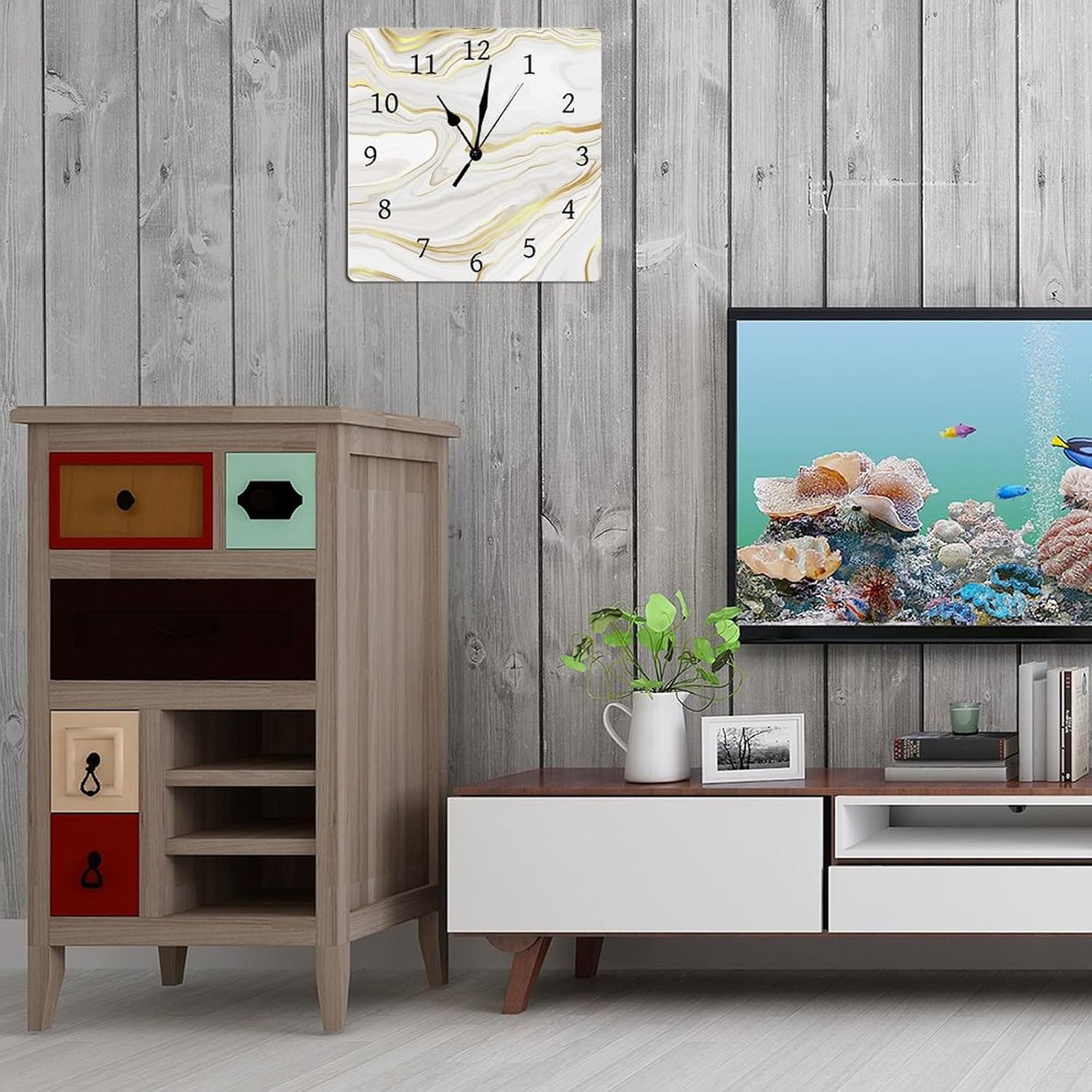 Reloj de pared cuadrado de PVC con fondo de mármol dorado, funciona con pilas, silencioso, sin tictac, 12 x 12 pulgadas, para decoración del hogar,