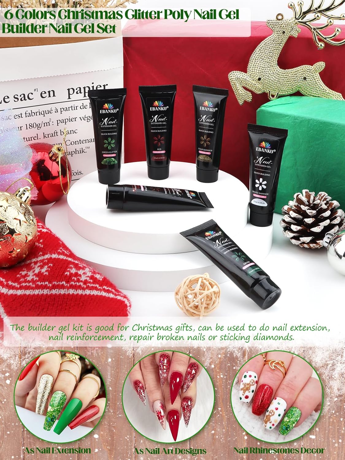 EBANKU – Kit de gel de extensión de uñas de poliéster de 6 colores, blanco, verde, rojo, purpurina, dorado, colores clásicos, día de San Valentín,