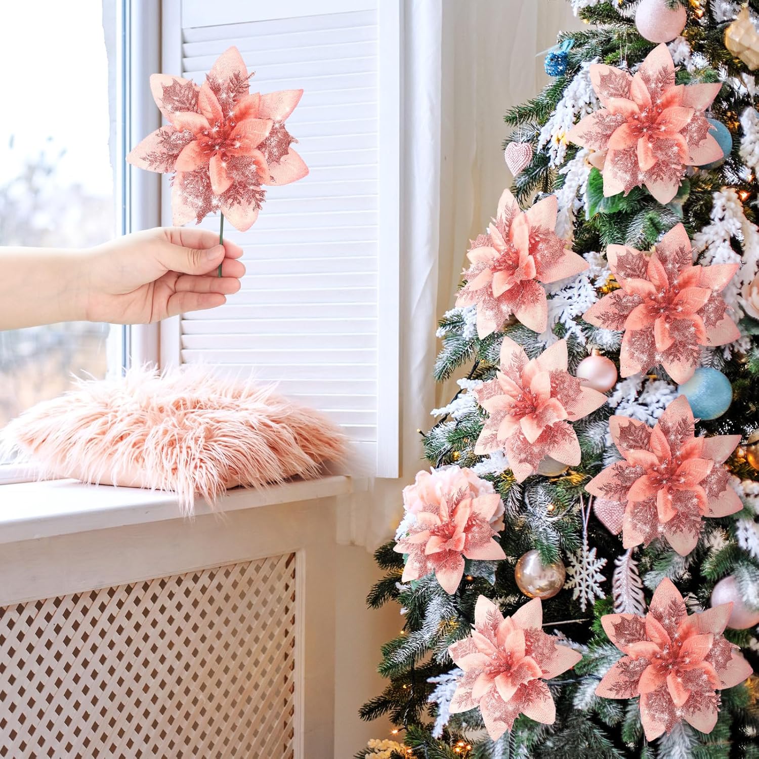 Adornos de flores de Pascua artificiales de Navidad con purpurina y clips y tallos, adornos para árbol de Navidad de Pascua con purpurina para boda