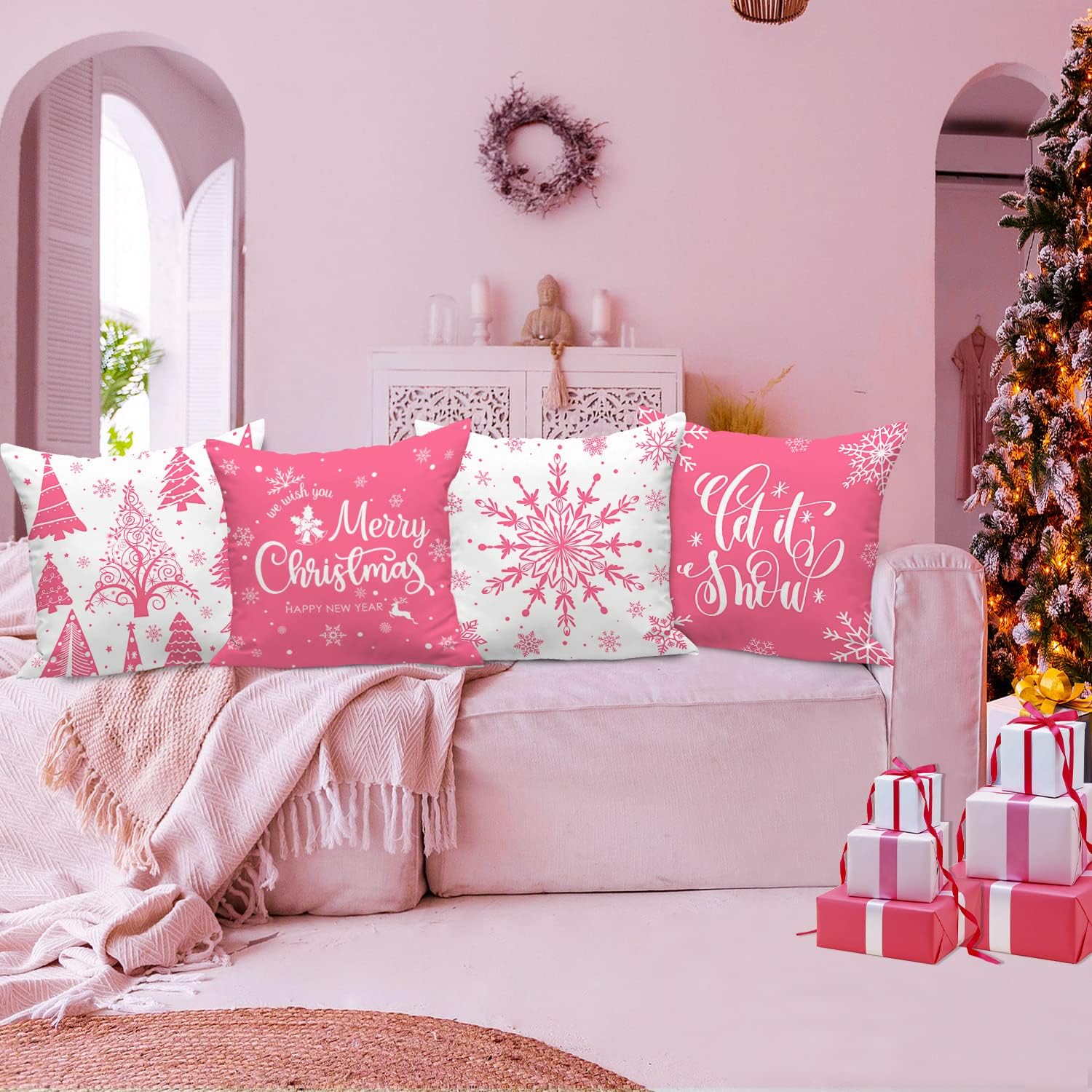 Lanpn Juego de 4 fundas de almohada de Navidad blancas y rosas de 18 x 18 pulgadas, fundas de cojín decorativas de Navidad de 18 pulgadas, fundas de