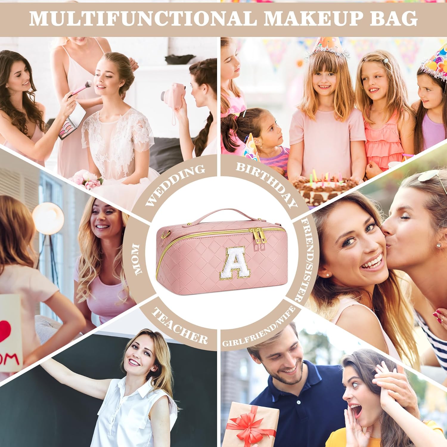 Bolsa de cosméticos de viaje de gran capacidad  Bolsa de maquillaje portátil con inicial para mujer, bolsa organizadora de maquillaje de piel