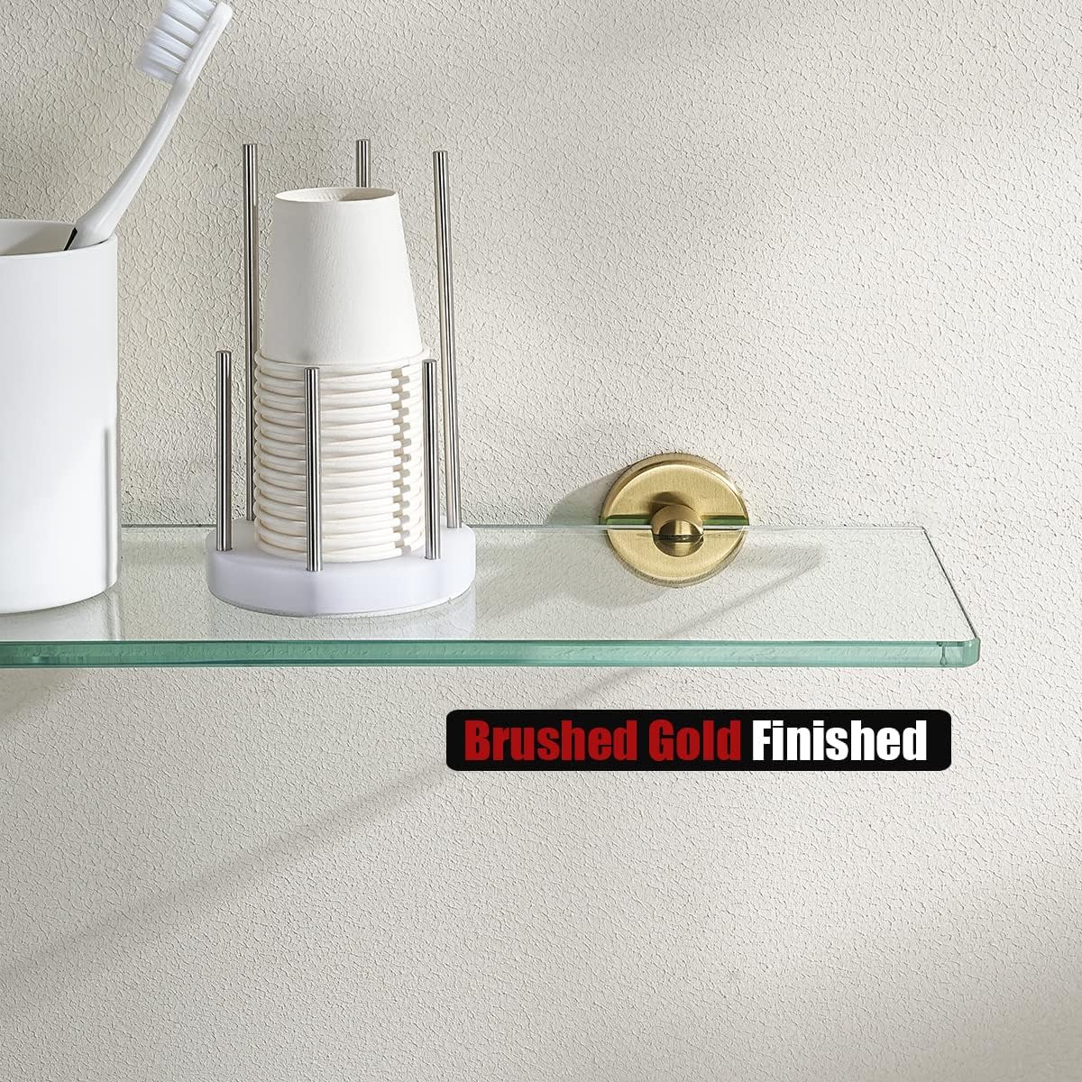 JQK Estante de vidrio para baño dorado, almacenamiento de ducha de vidrio templado de 16 x 5 pulgadas, soporte de pared dorado cepillado de acero
