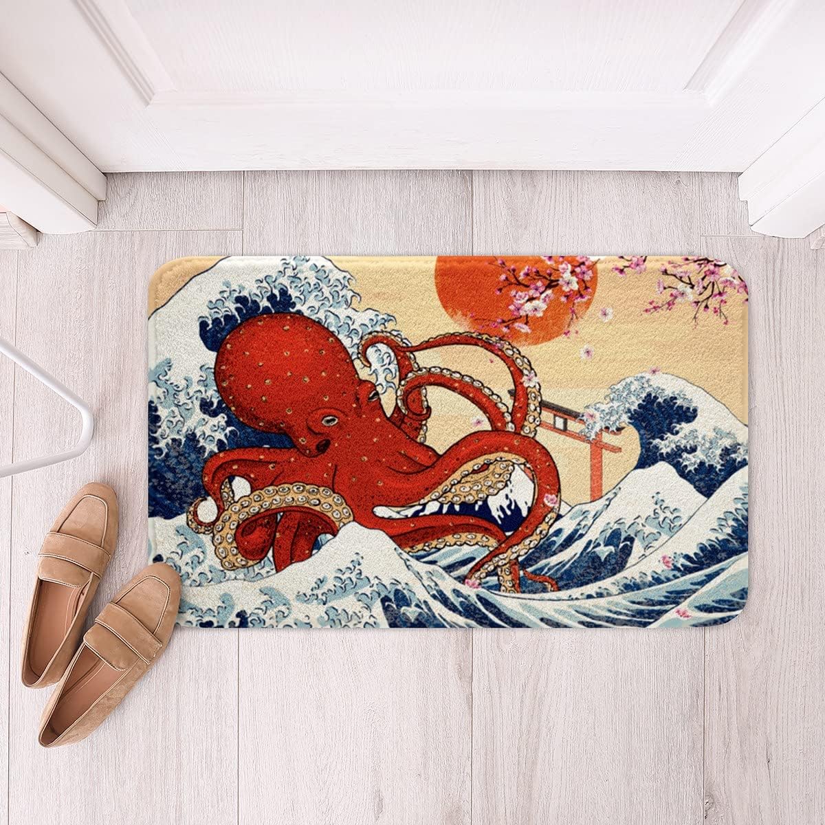 Alfombra de baño con diseño de flor de cerezo, alfombra de tentáculos de pulpo, 16 x 24 pulgadas, alfombra de baño con olas de mar japonesas,