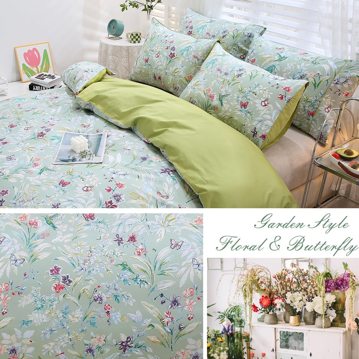 URBONUR Juego de funda de edredón floral verde, tamaño matrimonial, 100% algodón egipcio satinado, juego de ropa de cama con estampado de mariposas