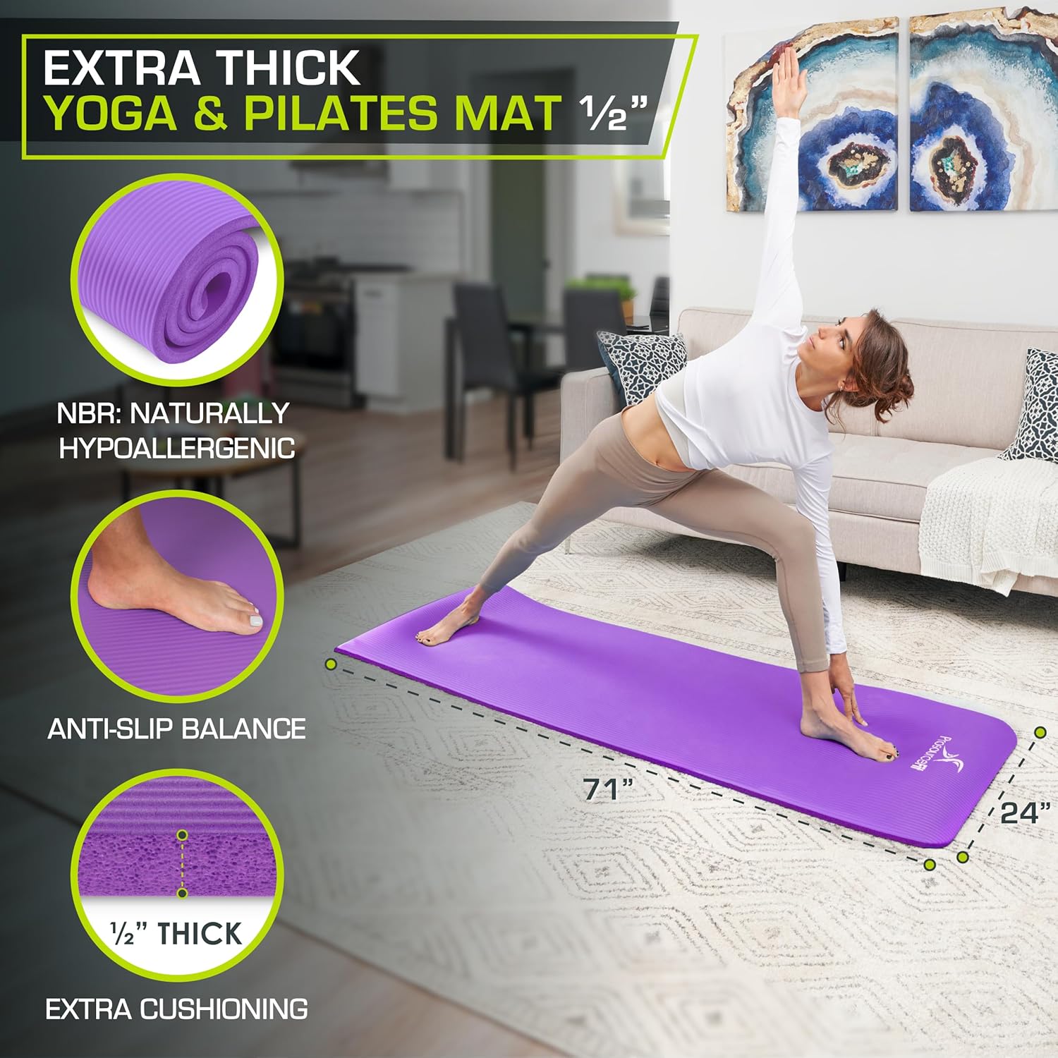 ProsourceFit Alfombrilla extra gruesa de yoga y pilates de  pulgada (0.512 in) o 1 pulgada (0.984 in), tapete de ejercicio de alta densidad de 71