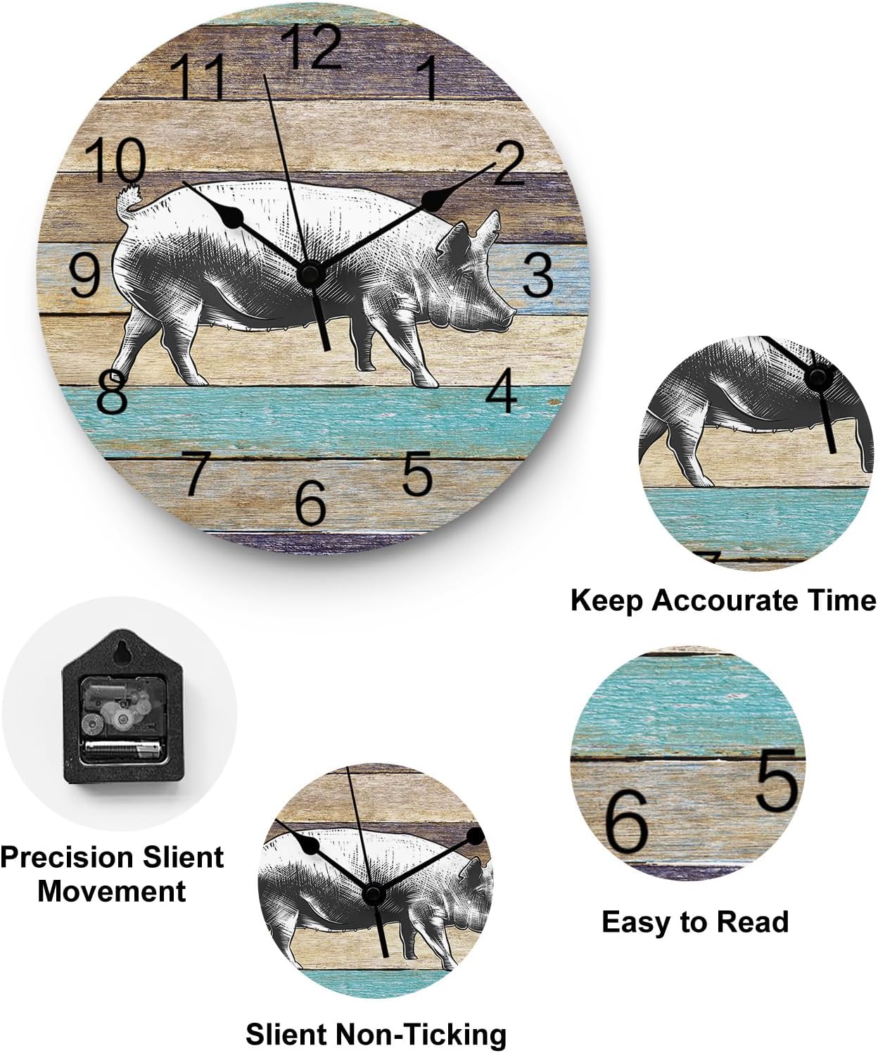 Reloj de pared de PVC con diseño de cerdo de granja, silencioso, sin tictac, funciona con pilas, reloj redondo para el hogar, sala de estar,