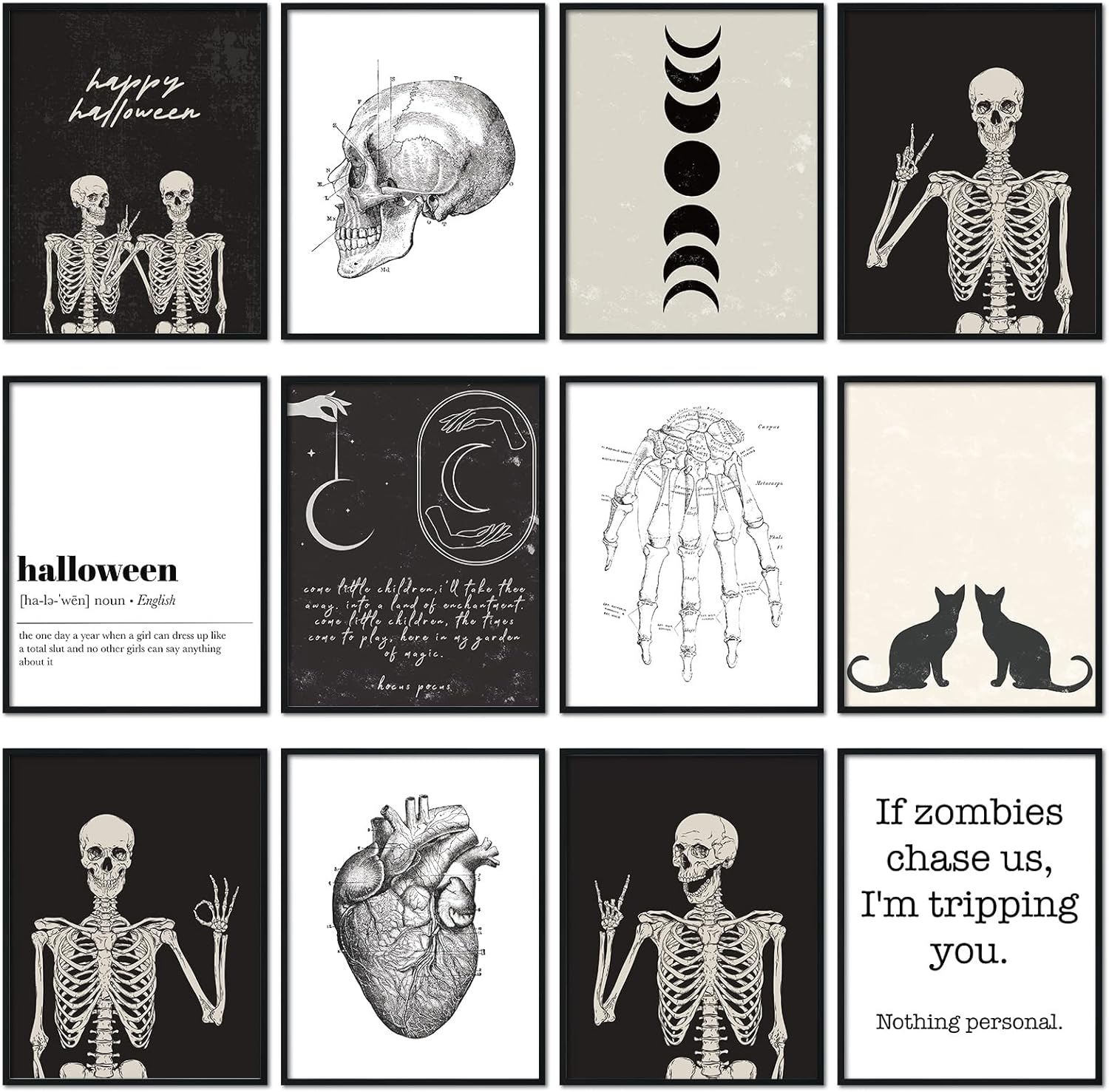 Whaline 12 impresiones artísticas de pared de esqueleto de 12 x 16 pulgadas, gótico divertido cráneo, póster de arte de pared de Halloween, regalos