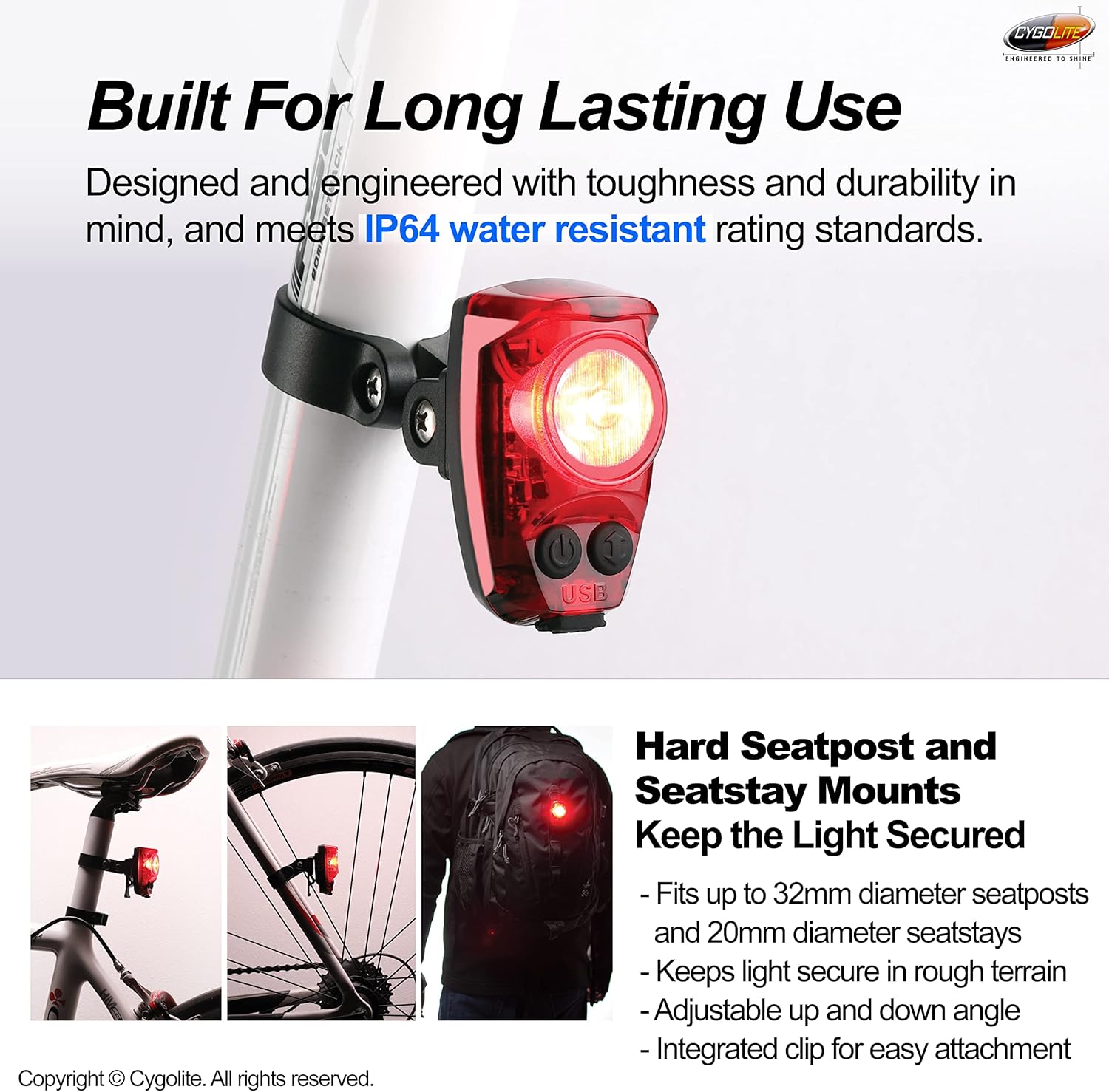 Cygolite Hotshot Pro – Modelos de luz trasera de bicicleta de 200 y 150 lúmenes, estilos de montaje duro y flexible, 6 modos de noche y día,