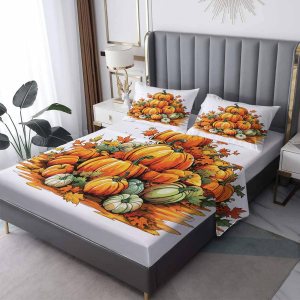 Sábanas de calabaza de Acción de Gracias, tamaño Queen, sábanas de cosecha de otoño, microfibra suave, bolsillo profundo, sábanas y fundas de Sábanas de calabaza de Acción de Gracias, tamaño Queen, sábanas de cosecha de otoño, microfibra suave, bolsillo profundo, sábanas y fundas de