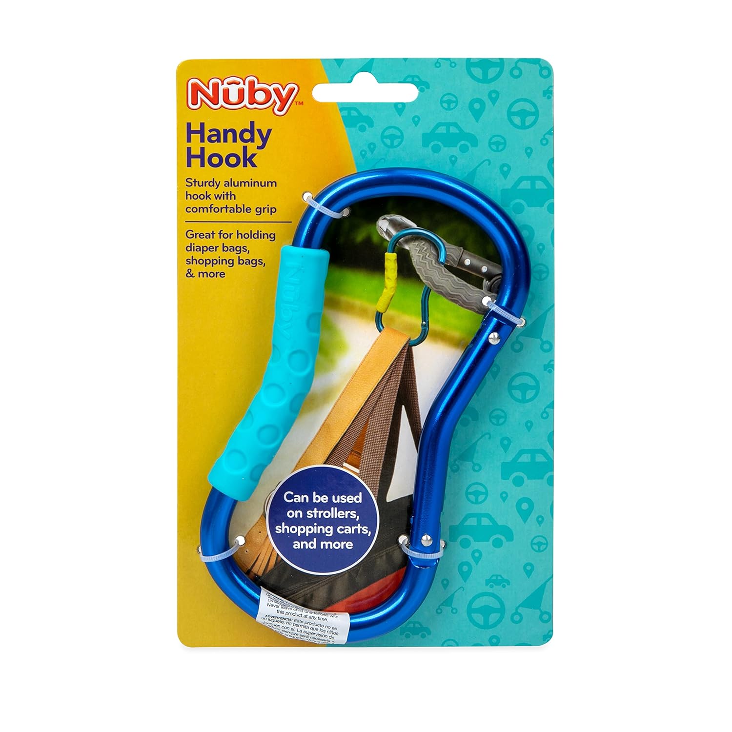 Nuby Mosquetón de gancho grande y práctico con agarre suave texturizado, los colores pueden variar