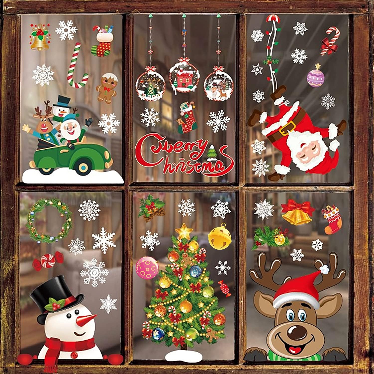 JMANNI Calcomanías navideñas para ventana, 8 hojas, calcomanías para ventana, copos de nieve, cuadros de ventana para puertas, escaparates, frentes