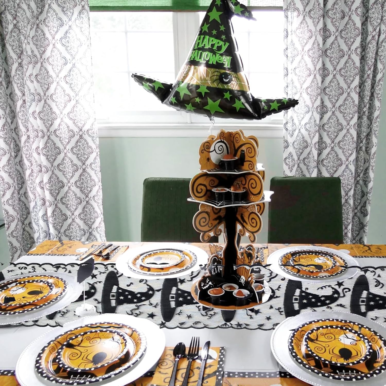 Camino de mesa de Halloween  Camino de mesa de encaje con sombrero de bruja para decoración de mesa de Halloween  Máscara de Halloween, cena, fiesta
