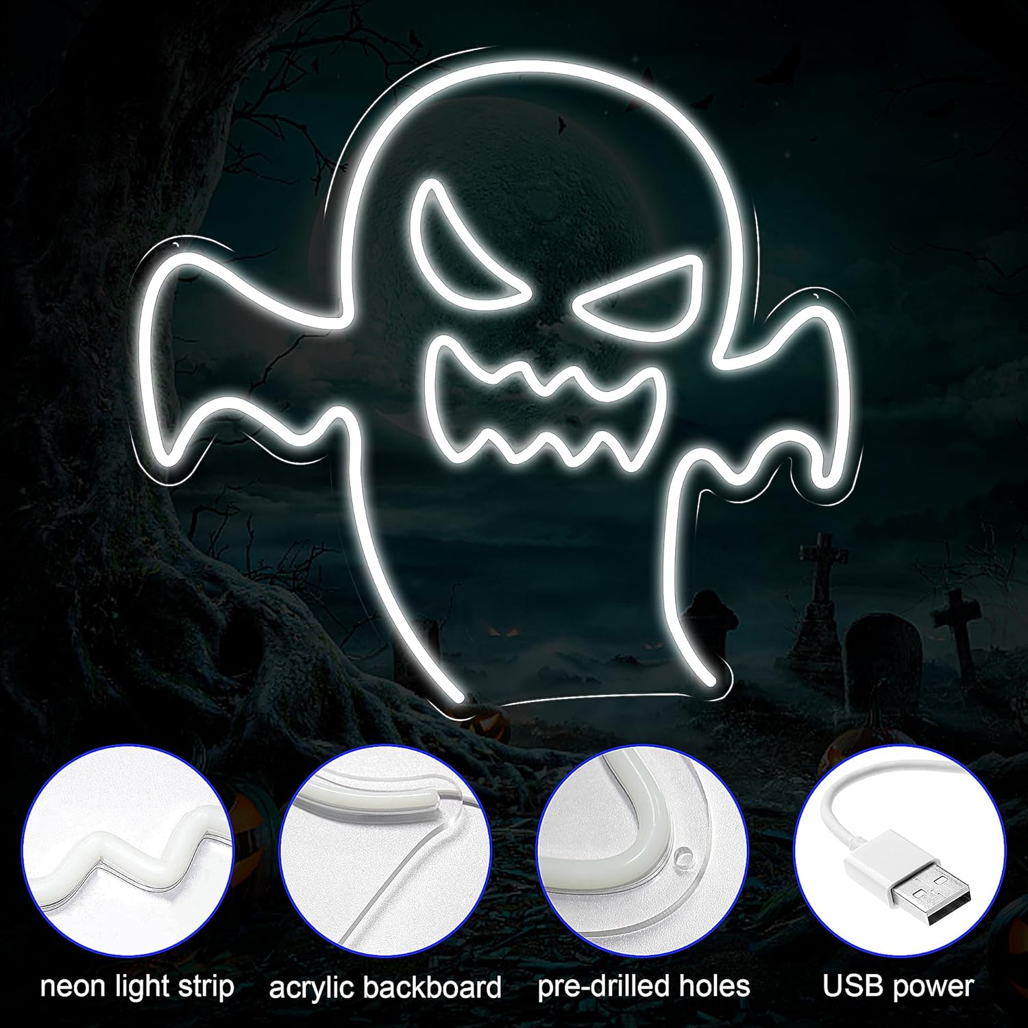 Letreros de neón de fantasmas navideños, luz de neón fantasma, luz de Halloween alimentada por USB para dormitorio, sala de estar, sala de juegos,