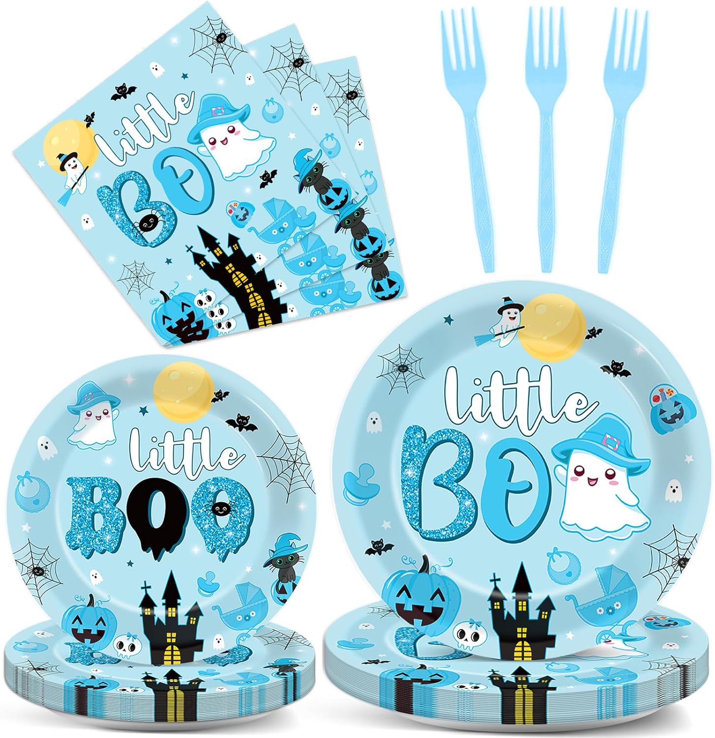 ZOIIWA Juego de 96 piezas de vajilla de Halloween Little Boo Baby Shower para niños, suministros de fiesta de fantasmas para 24 invitados, platos